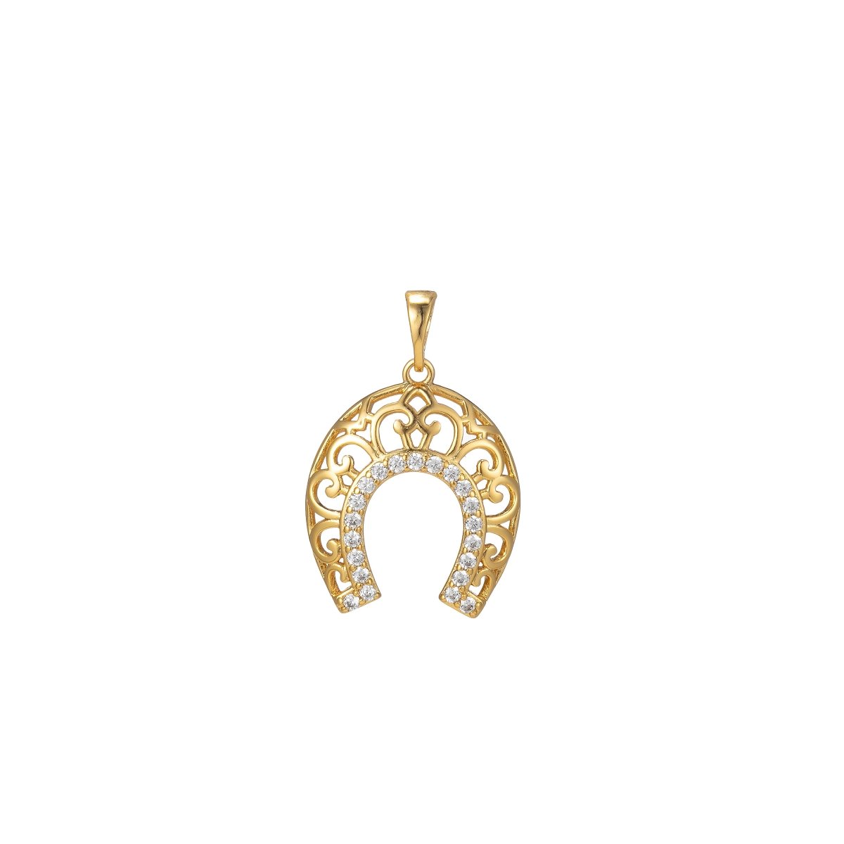 24k Gold Filled Horse Shoe Pendant- Dainty Filigree Lucky Charm Cubic Horseshoe I-121 - DLUXCA