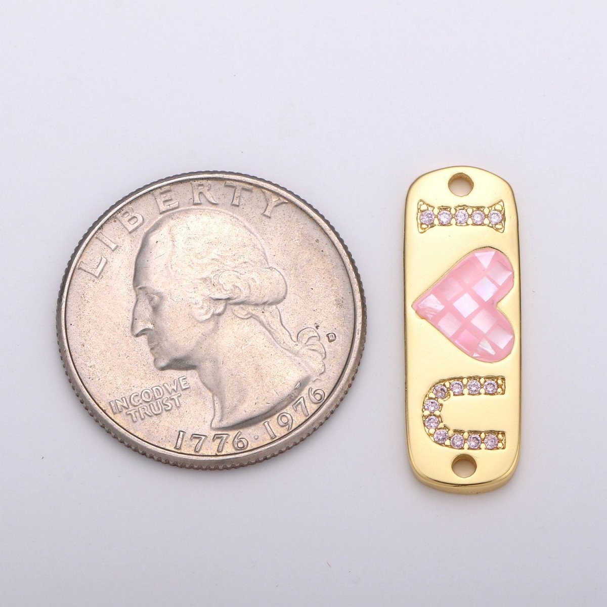 24K Gold Filled "I Love U" Micro Paved Pink Heart Opal Shell Link Connector F-394 - DLUXCA