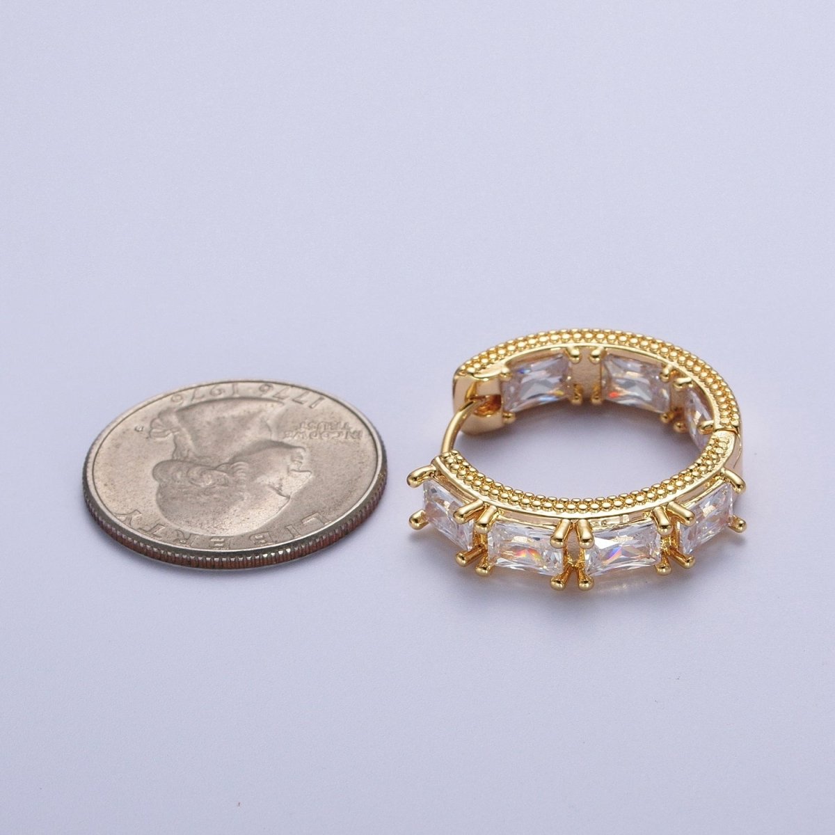 24K Gold Filled Inside Outside Double Sided Baguette Cubic Zirconia Beaded Huggie Hoops Earrings | Y-036 - DLUXCA