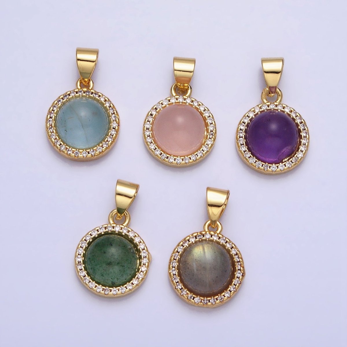24K Gold Filled Labradorite, Blue Agate, Aventurine, Amethyst, Rose Quartz Micro Paved CZ Round Pendant | AA189 - AA193 - DLUXCA
