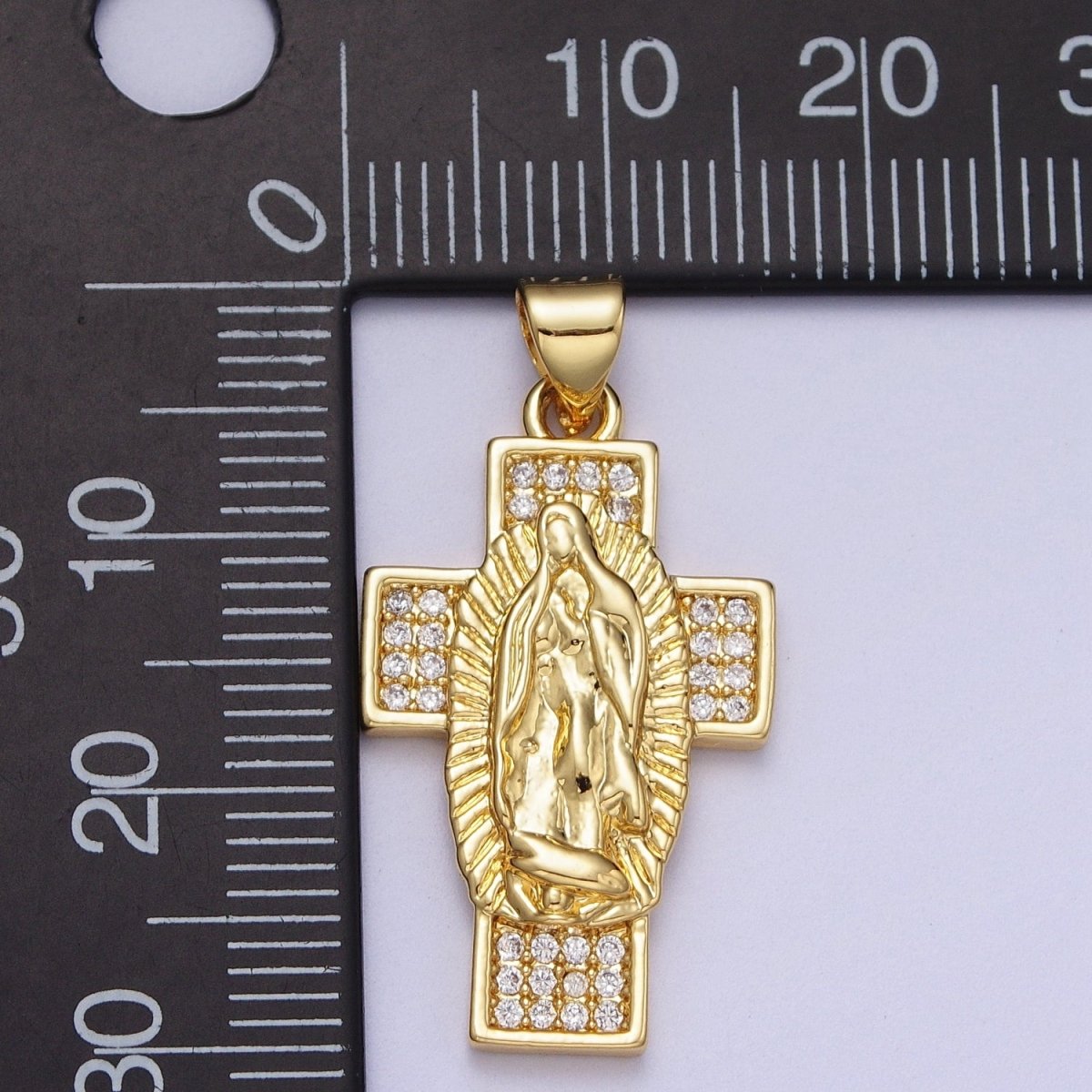 24K Gold Filled Lady Guadalupe Cross Religious Micro Paved CZ Pendant I-290 - DLUXCA