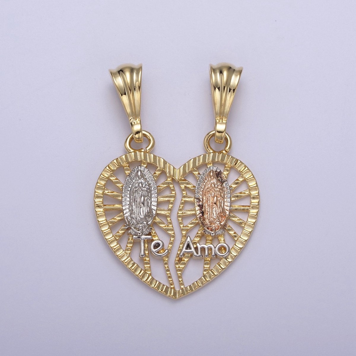 24k Gold Filled Lady Guadalupe Virgin Mary Pendant, Gold Guadalupe Te Amo Breakable Heart Pendant N-587 - DLUXCA