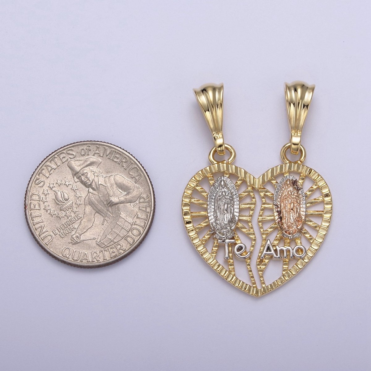 24k Gold Filled Lady Guadalupe Virgin Mary Pendant, Gold Guadalupe Te Amo Breakable Heart Pendant N-587 - DLUXCA