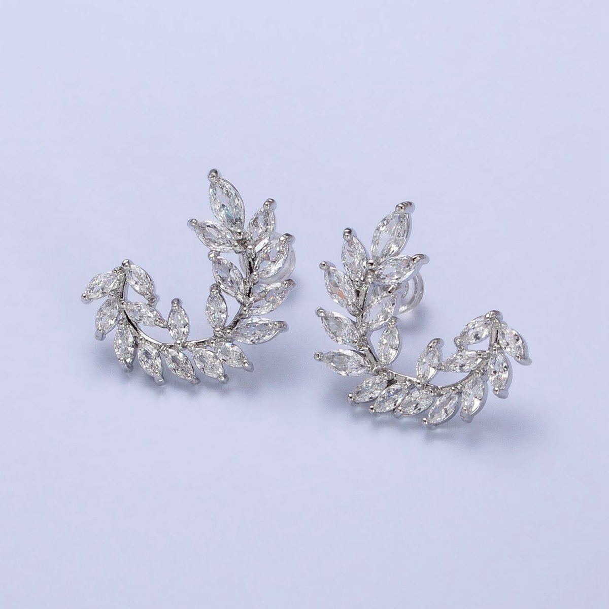 24K Gold Filled Leaf Clear Marquise Circular Curved Line Stud Earrings in Silver & Gold | AB381 AB454 - DLUXCA