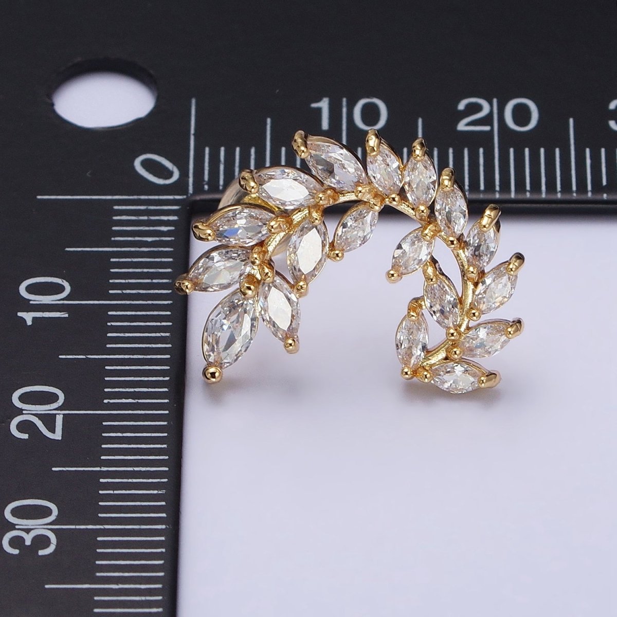 24K Gold Filled Leaf Clear Marquise Circular Curved Line Stud Earrings in Silver & Gold | AB381 AB454 - DLUXCA