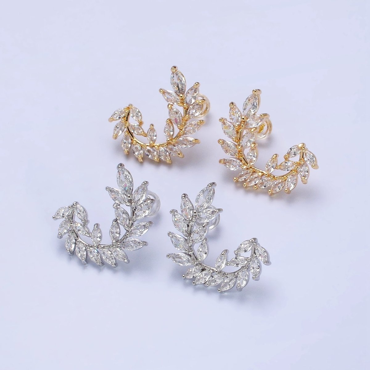 24K Gold Filled Leaf Clear Marquise Circular Curved Line Stud Earrings in Silver & Gold | AB381 AB454 - DLUXCA