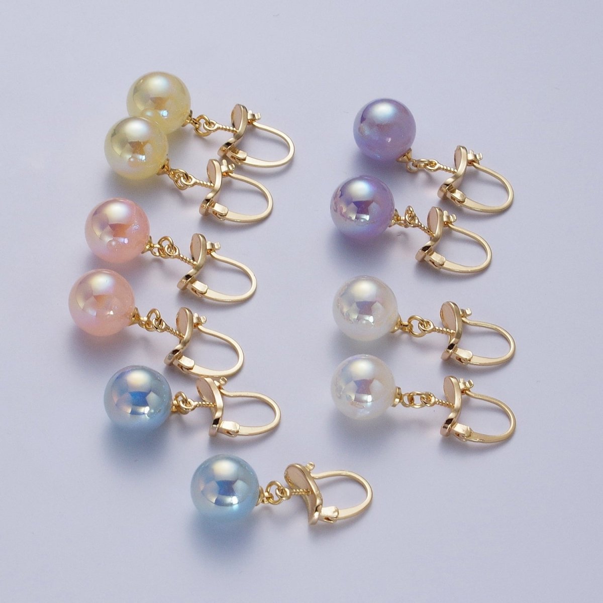 24K Gold Filled Leverback Earrings Small Hoop Earrings with Round Ball Pastel AB Color Drop Q-204 Q-216 Q-272 Q-277 Q-318 - DLUXCA