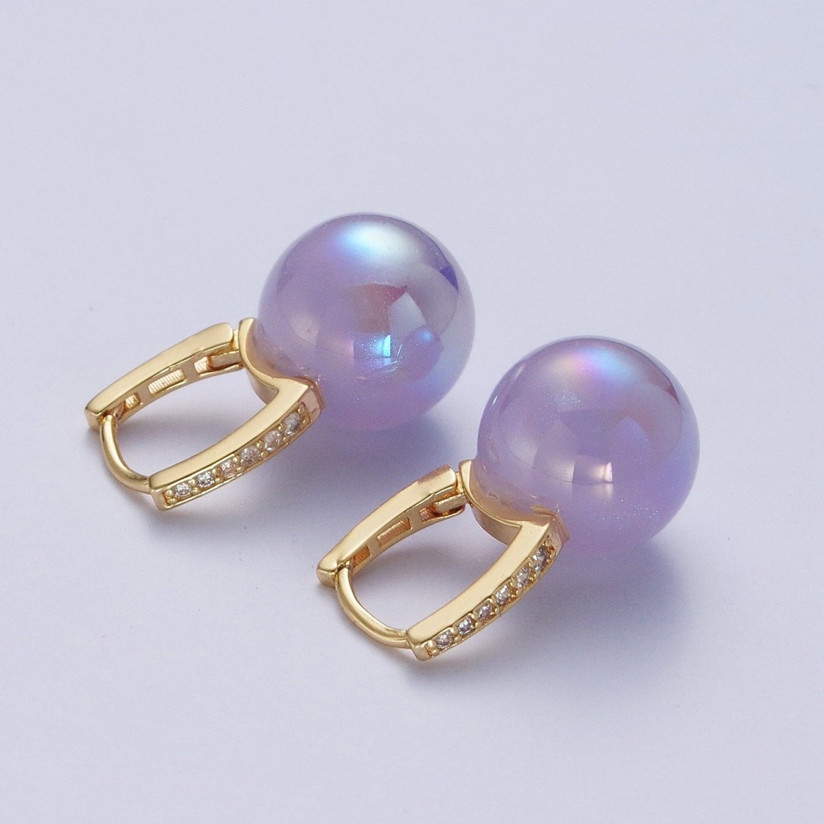 24K Gold Filled Leverback Earrings Small Huggie Hoops Earrings with Round Ball Pastel AB Color Drop Q-339 Q-353 Q-394 Q-395 Q-408 - DLUXCA