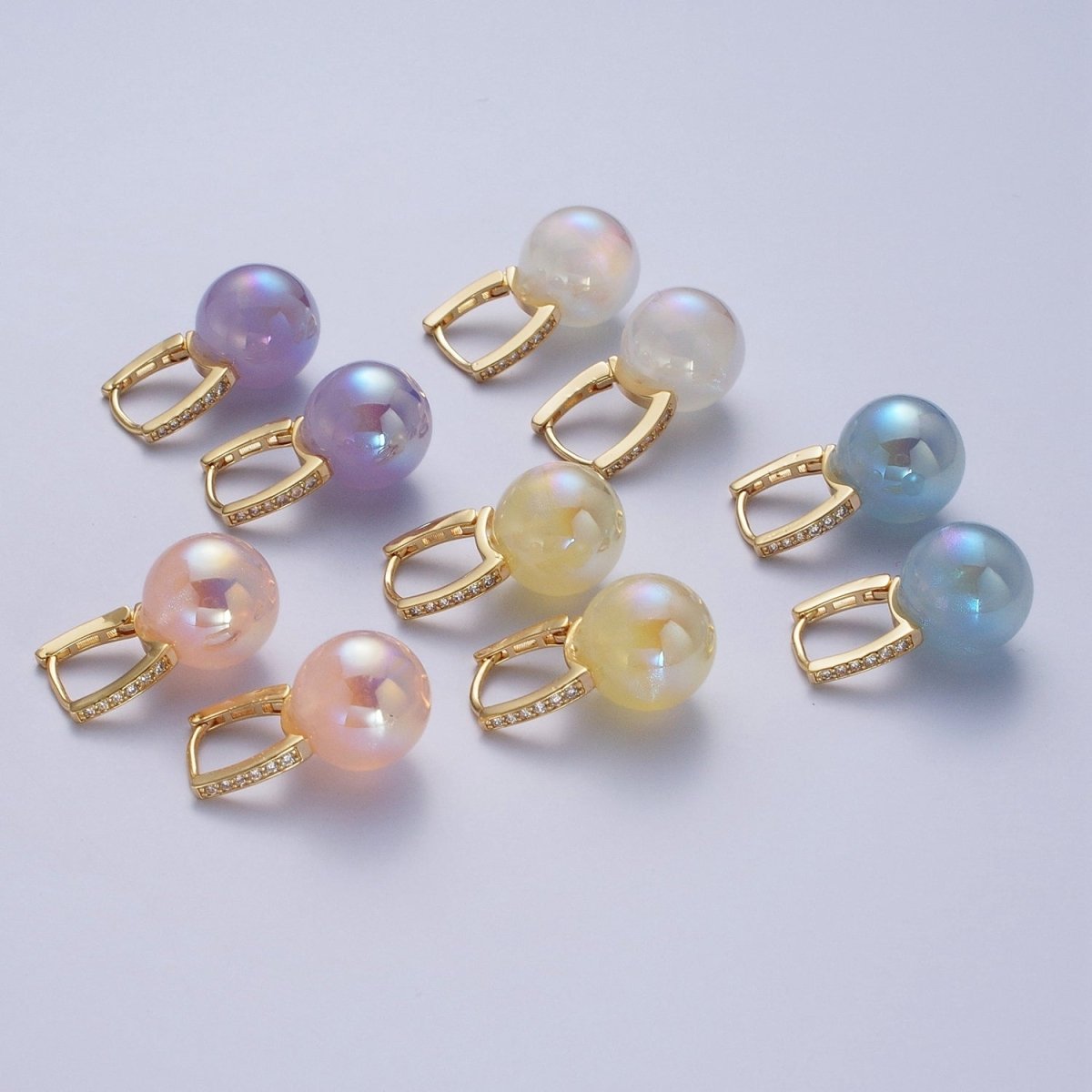 24K Gold Filled Leverback Earrings Small Huggie Hoops Earrings with Round Ball Pastel AB Color Drop Q-339 Q-353 Q-394 Q-395 Q-408 - DLUXCA