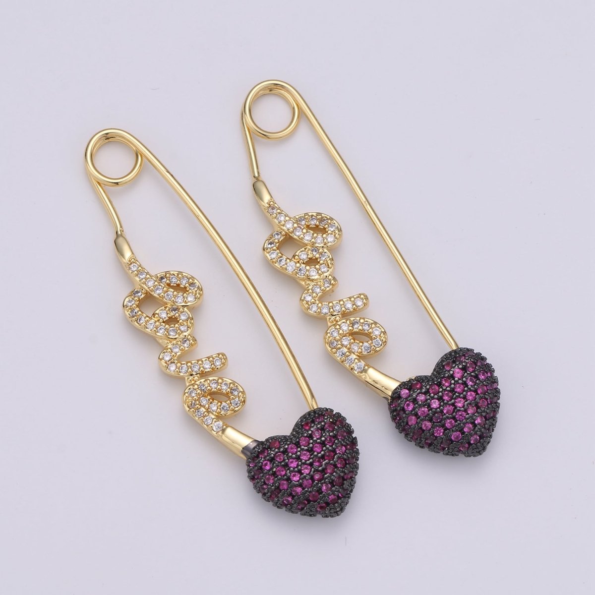 24K Gold Filled "Love" Gold / Teal / Magenta Micro Paved CZ Heart Safety Pins | K-877 K-878 K-879 - DLUXCA