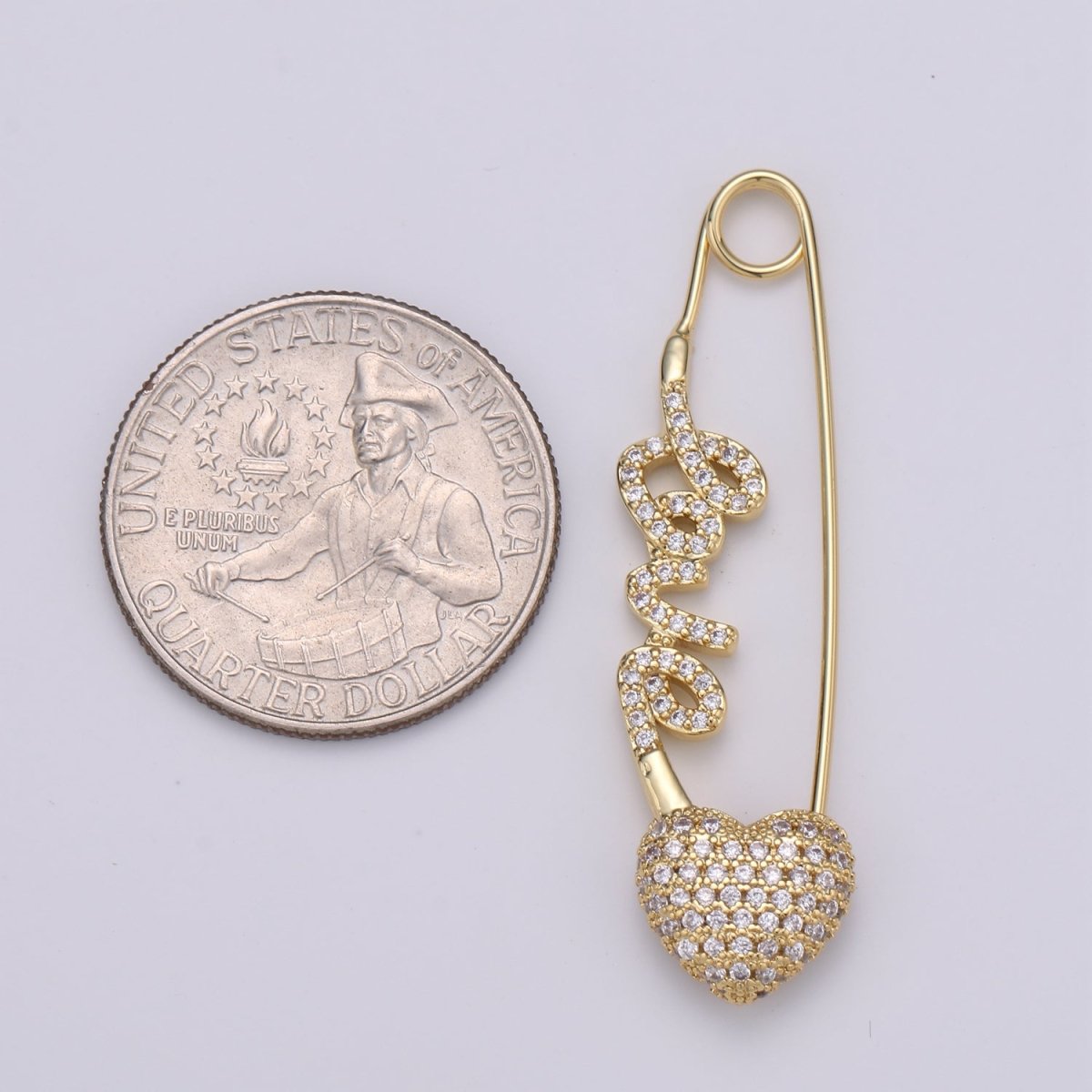 24K Gold Filled "Love" Gold / Teal / Magenta Micro Paved CZ Heart Safety Pins | K-877 K-878 K-879 - DLUXCA