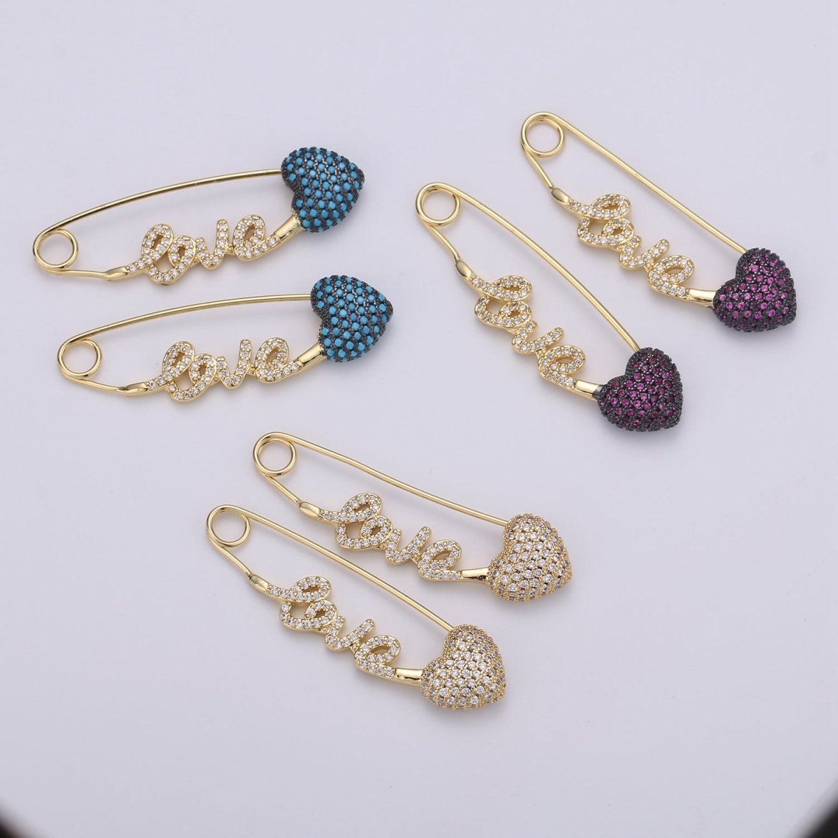 24K Gold Filled "Love" Gold / Teal / Magenta Micro Paved CZ Heart Safety Pins | K-877 K-878 K-879 - DLUXCA