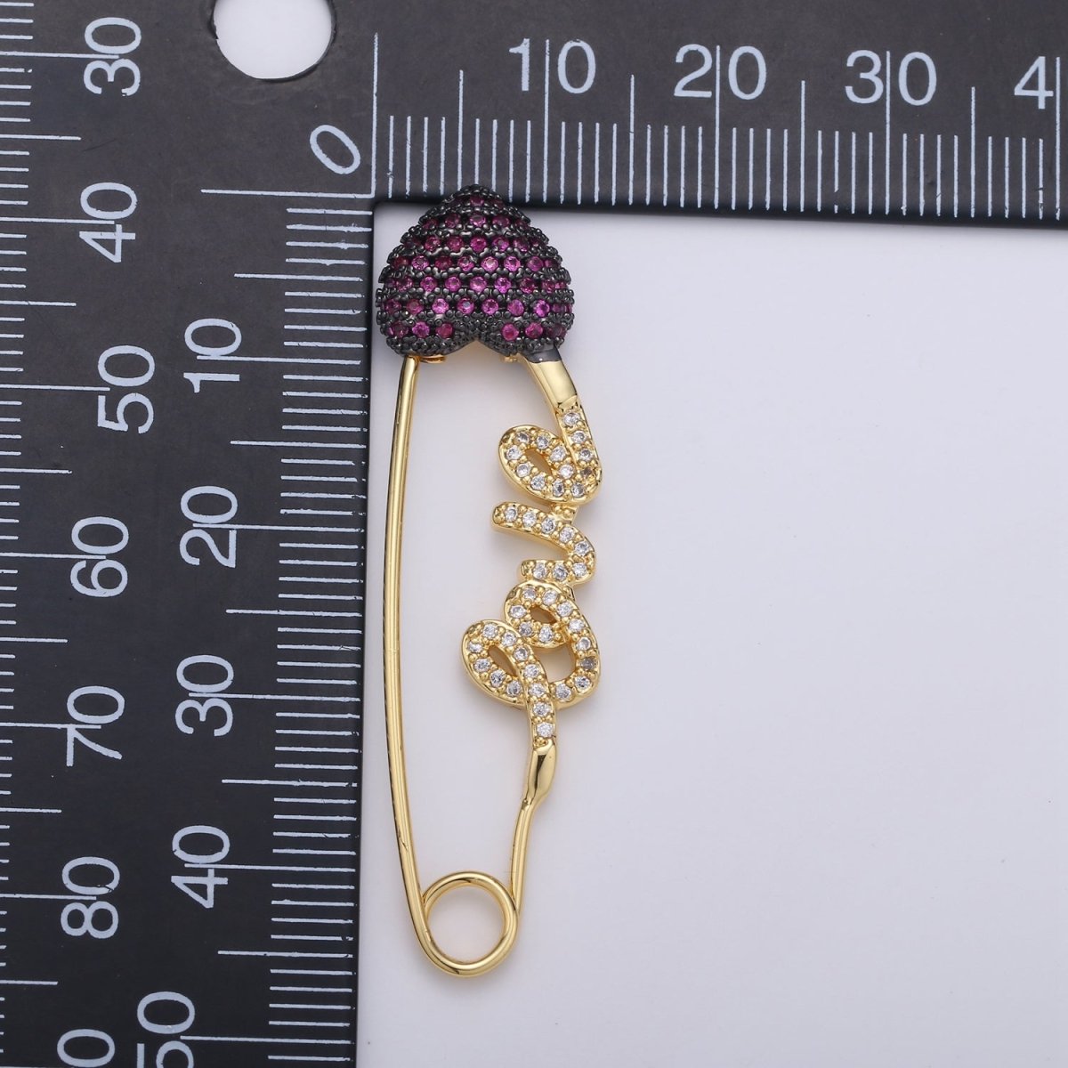 24K Gold Filled "Love" Gold / Teal / Magenta Micro Paved CZ Heart Safety Pins | K-877 K-878 K-879 - DLUXCA