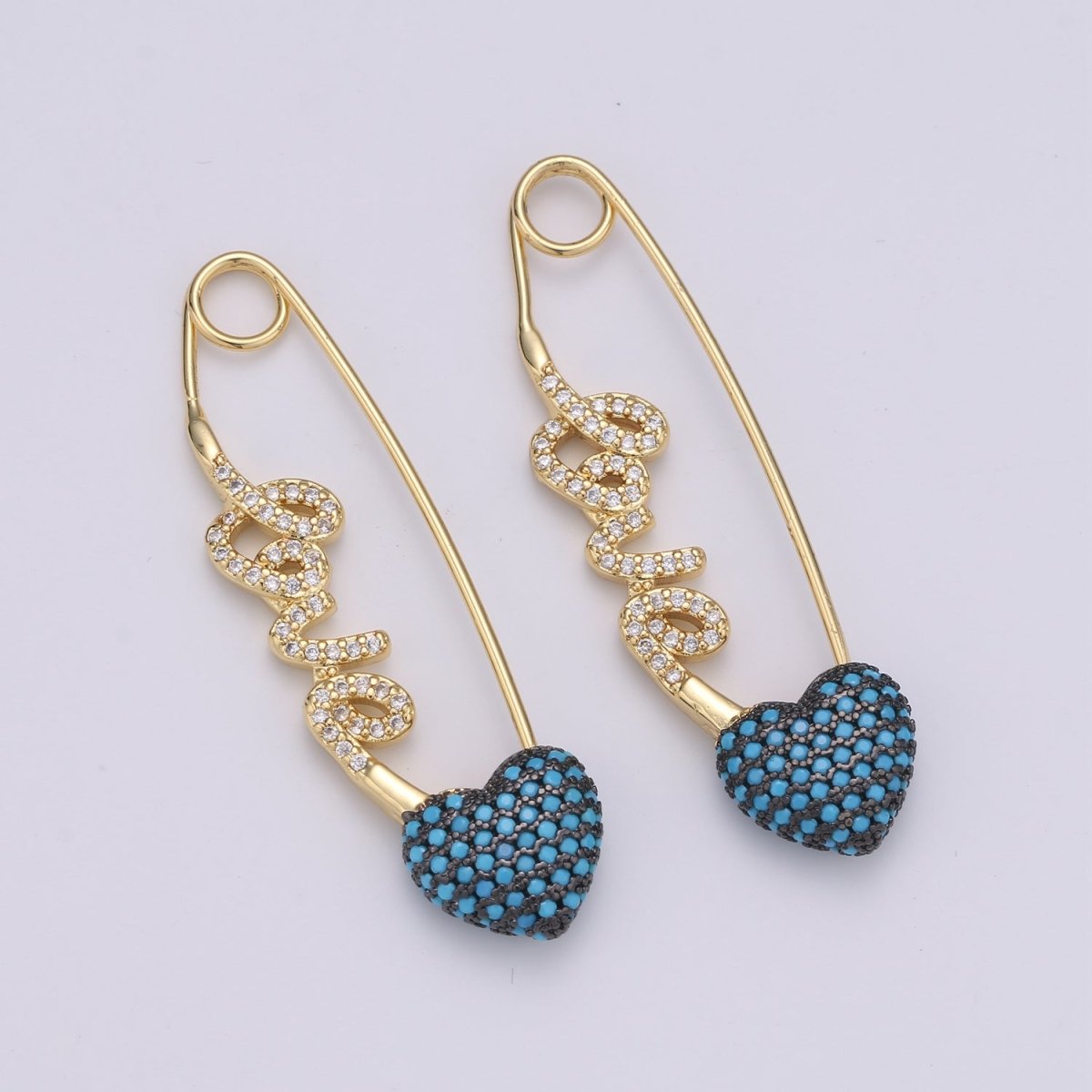 24K Gold Filled "Love" Gold / Teal / Magenta Micro Paved CZ Heart Safety Pins | K-877 K-878 K-879 - DLUXCA
