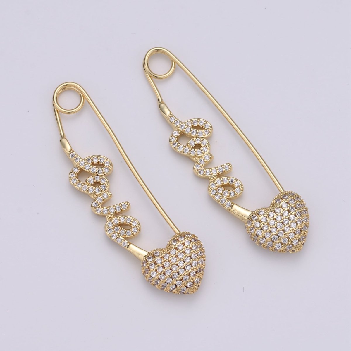 24K Gold Filled "Love" Gold / Teal / Magenta Micro Paved CZ Heart Safety Pins | K-877 K-878 K-879 - DLUXCA