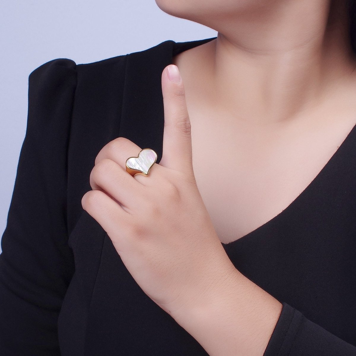 24K Gold Filled Love Heart White Shell Pearl Wide Band Ring For Valentines | O-1997 - DLUXCA