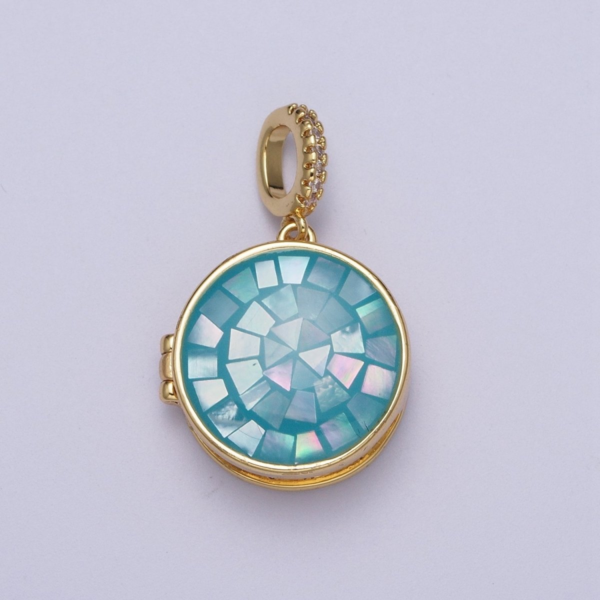 24K Gold Filled Marian Cross Black, Blue, Pink, White, Green Shell Opal Round Locket Pendant H-080 H-081 H-082 H-083 H-085 - DLUXCA