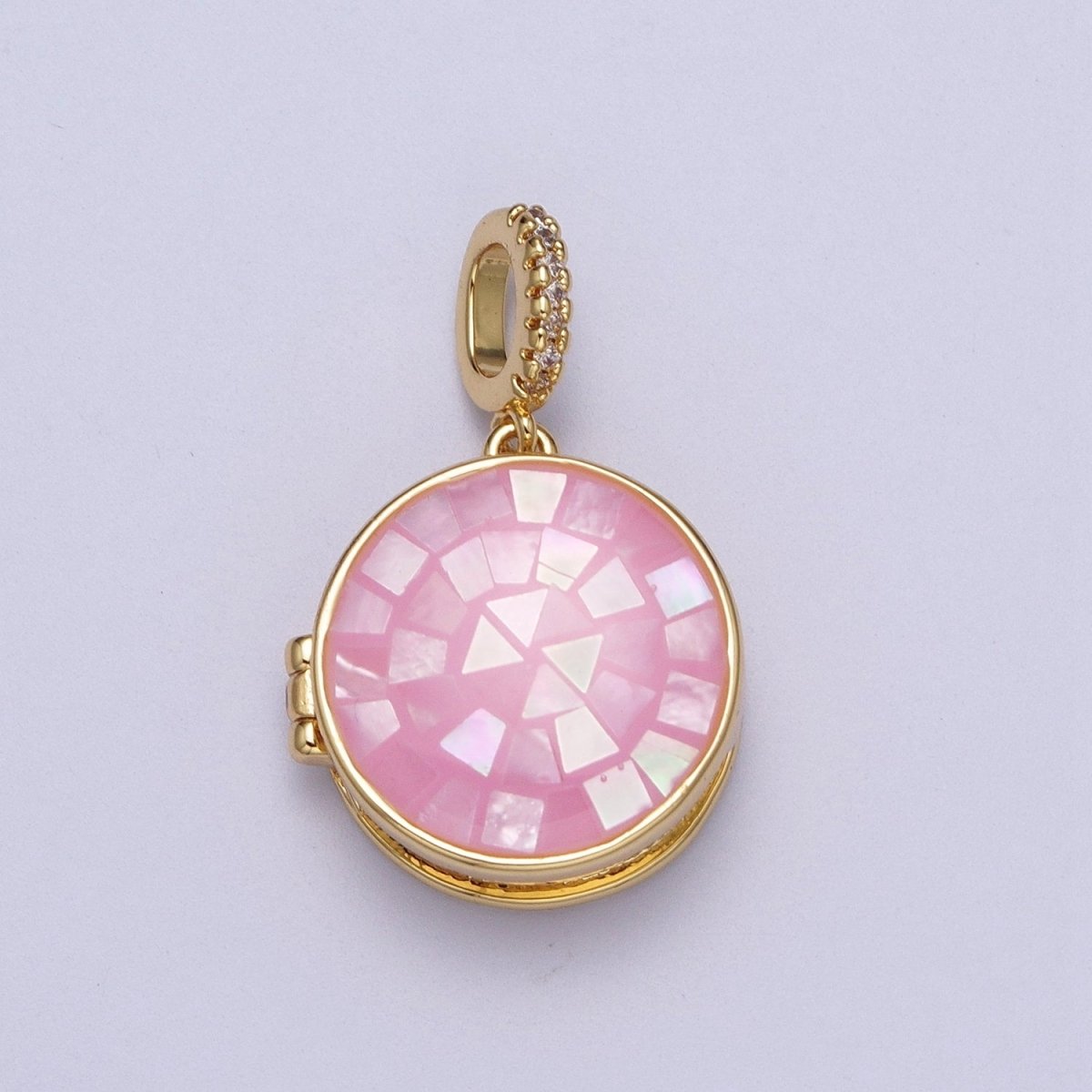 24K Gold Filled Marian Cross Black, Blue, Pink, White, Green Shell Opal Round Locket Pendant H-080 H-081 H-082 H-083 H-085 - DLUXCA