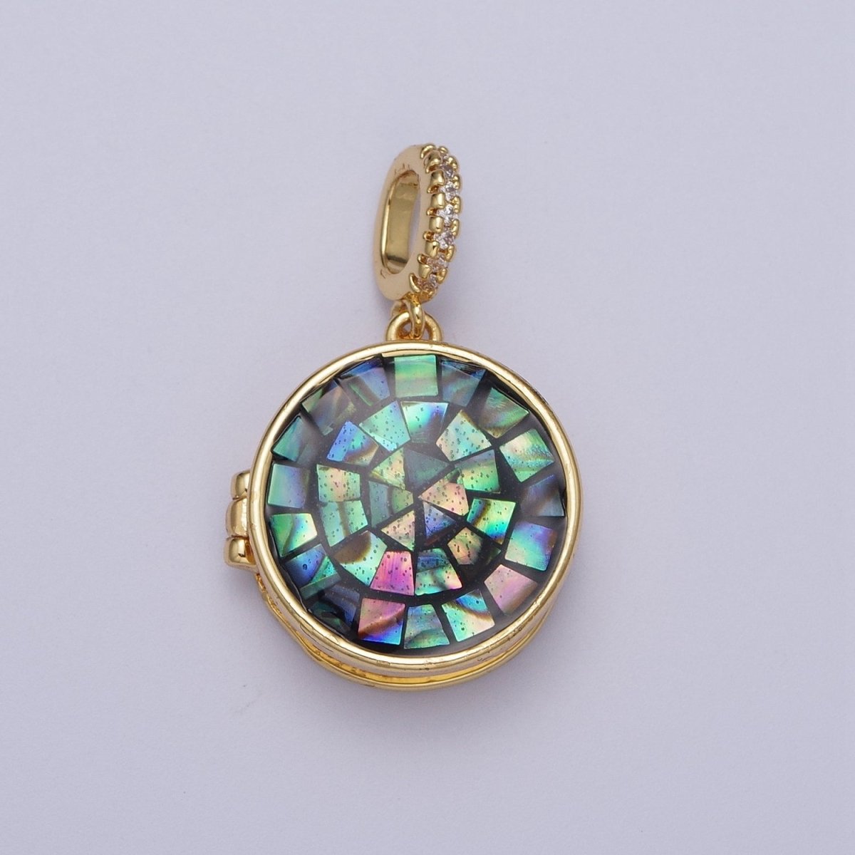 24K Gold Filled Marian Cross Black, Blue, Pink, White, Green Shell Opal Round Locket Pendant H-080 H-081 H-082 H-083 H-085 - DLUXCA