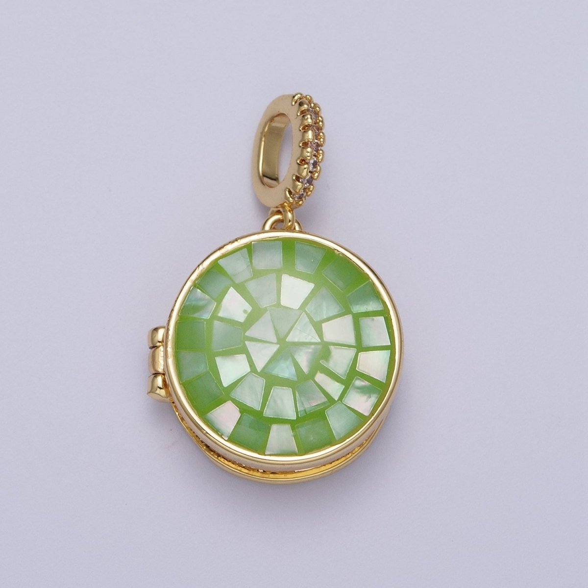 24K Gold Filled Marian Cross Black, Blue, Pink, White, Green Shell Opal Round Locket Pendant H-080 H-081 H-082 H-083 H-085 - DLUXCA