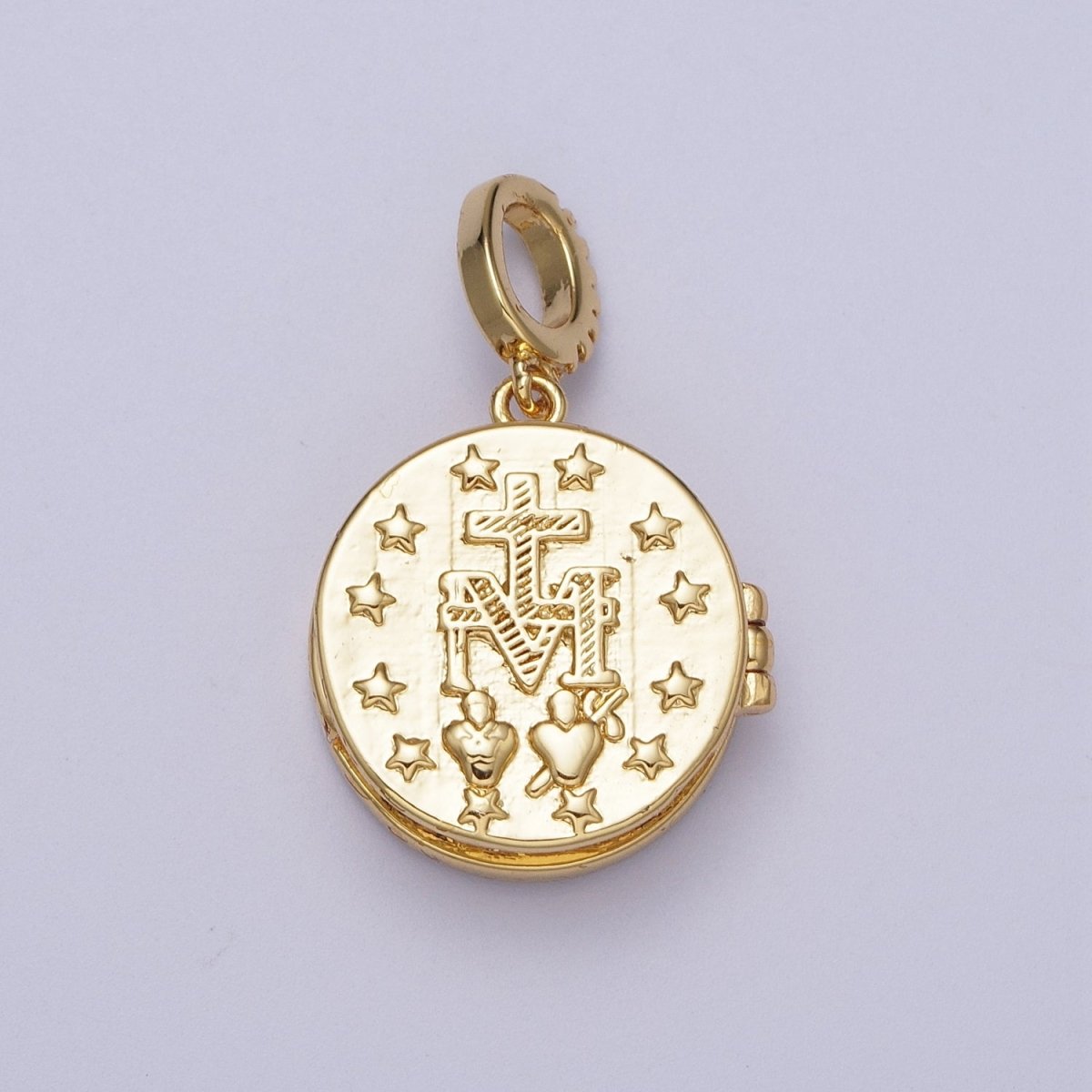 24K Gold Filled Marian Cross Black, Blue, Pink, White, Green Shell Opal Round Locket Pendant H-080 H-081 H-082 H-083 H-085 - DLUXCA