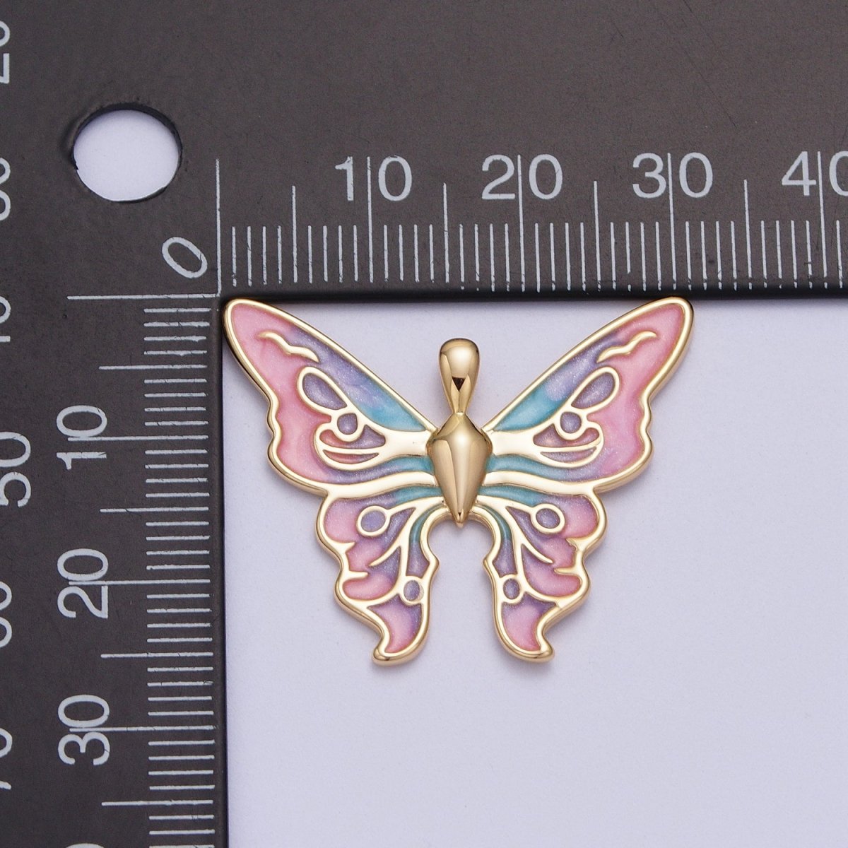 24K Gold Filled Mariposa Butterfly Multicolor Gradient Pink Blue Purple Enamel Pendant H-200 - DLUXCA
