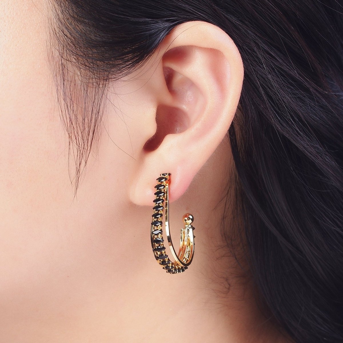 24K Gold Filled Marquise Cubic Zirconia Multiple Band J-Hoop Stud Earrings | X-841 X-884-X-890 - DLUXCA