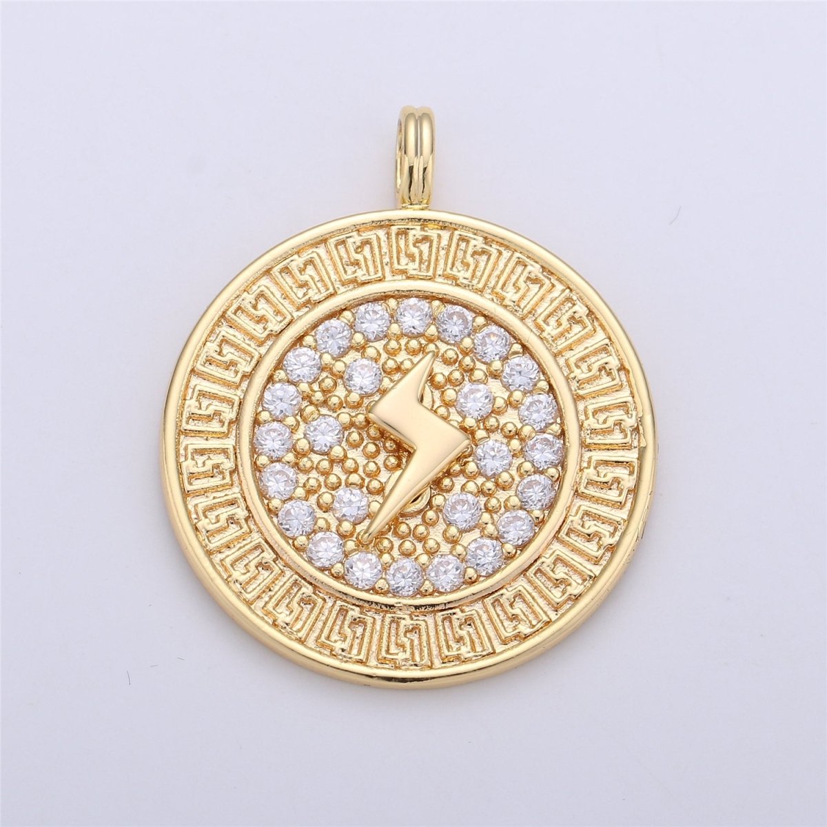 24k Gold Filled Medallion Lightning Bolt Charm, CZ Micro Pave Lightning Bolt Charm Pendant, Thunder Charm 32x26mm C-658 - DLUXCA