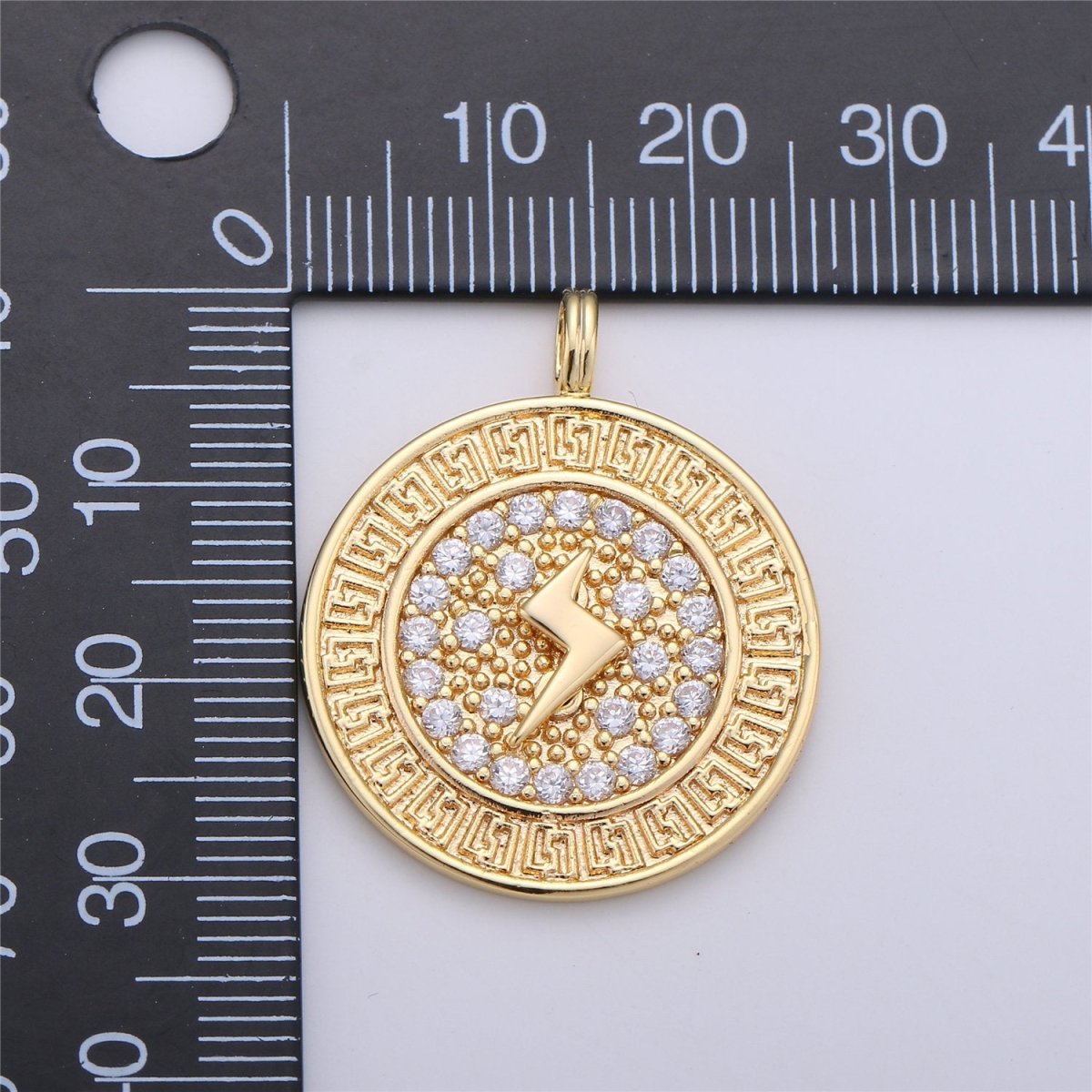24k Gold Filled Medallion Lightning Bolt Charm, CZ Micro Pave Lightning Bolt Charm Pendant, Thunder Charm 32x26mm C-658 - DLUXCA