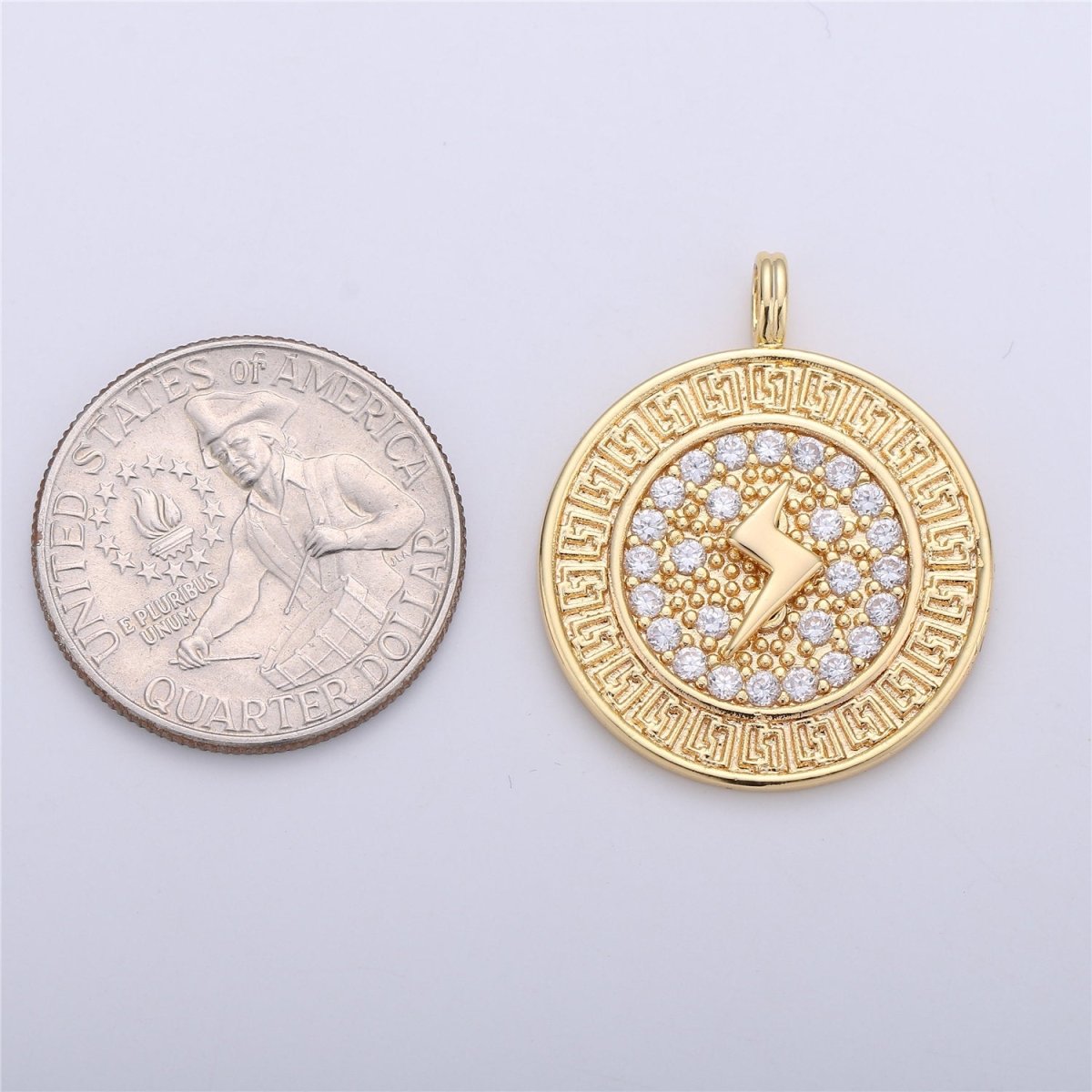 24k Gold Filled Medallion Lightning Bolt Charm, CZ Micro Pave Lightning Bolt Charm Pendant, Thunder Charm 32x26mm C-658 - DLUXCA