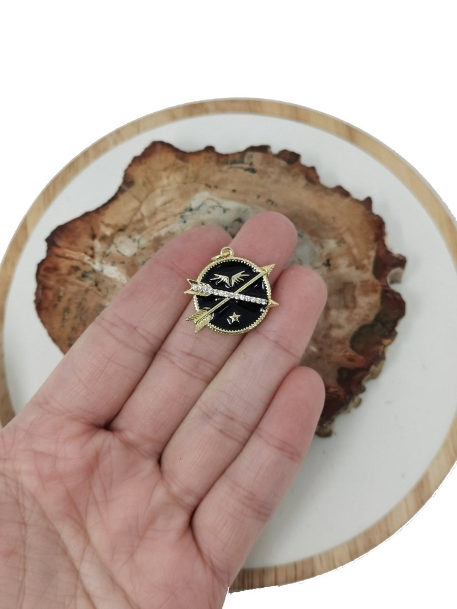 24k Gold Filled Medallion Pendant Black / White Enamel Arrow Necklace Charm for Statement Layer Necklace Component Supply, C-761 - DLUXCA