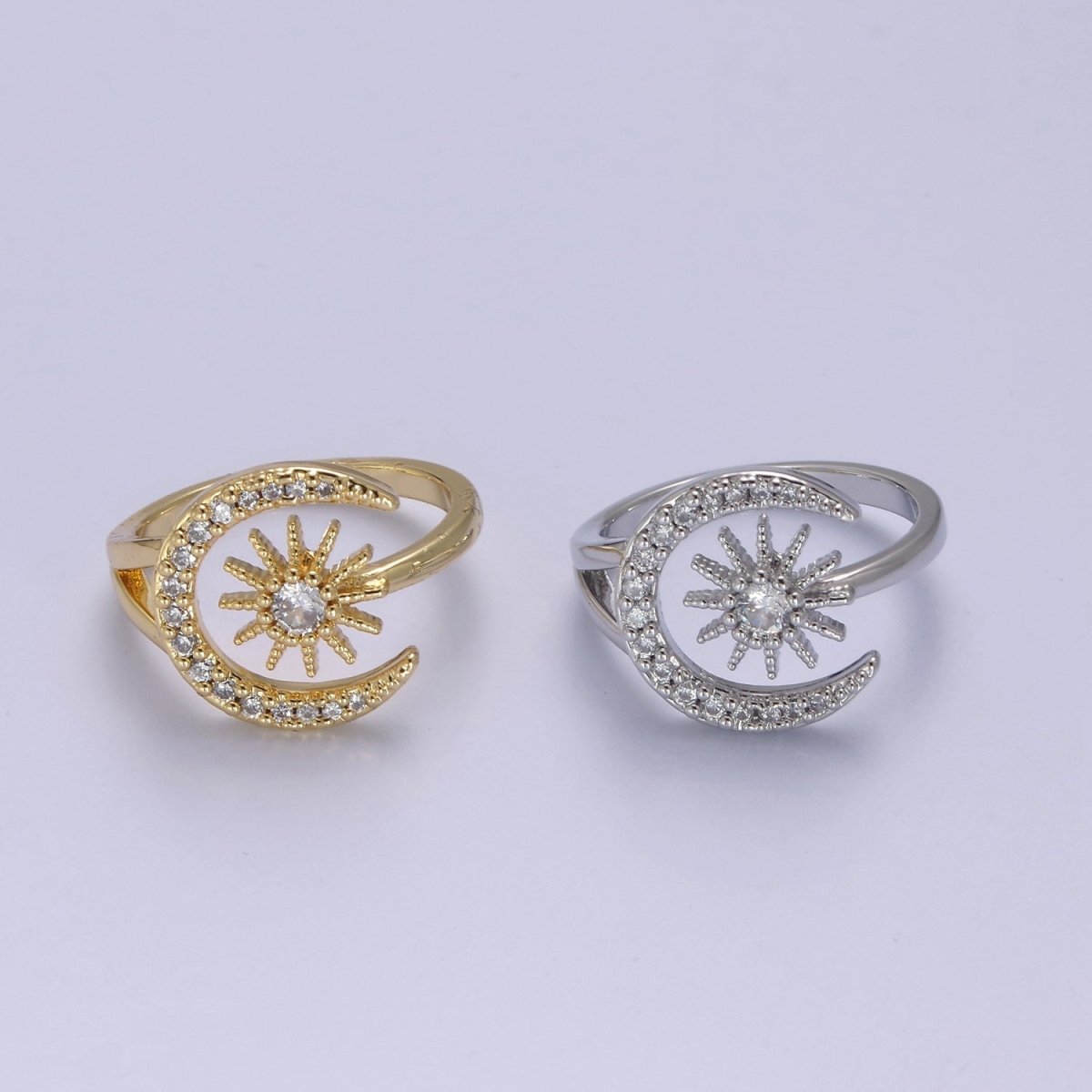 24K Gold Filled Micro Pave Crystal Cubic Zirconia Celestial Ring, Crescent Moon, Star Sun Adjustable Ring in Gold & Silver S-343 S-344 - DLUXCA