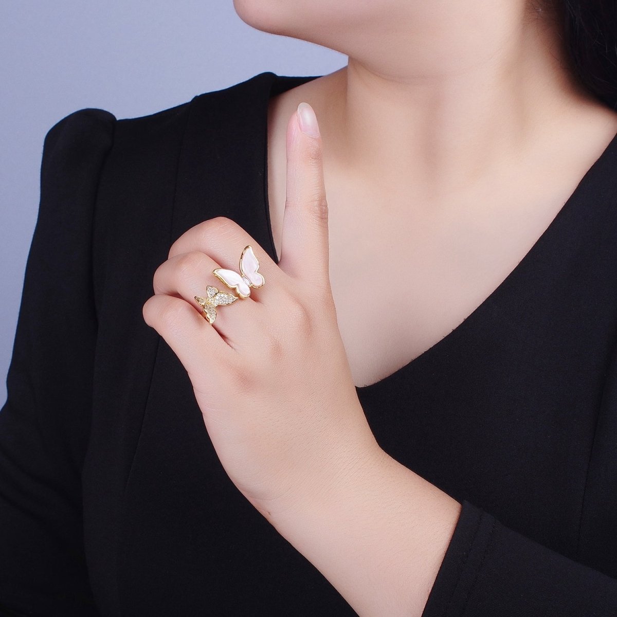 24K Gold Filled Micro Pave Cubic Zirconia Butterfly & Shell Mariposa Double Insect Butterfly Open Ring S-244 - DLUXCA