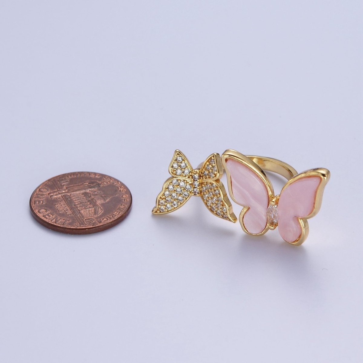 24K Gold Filled Micro Pave Cubic Zirconia Butterfly & Shell Mariposa Double Insect Butterfly Open Ring S-244 - DLUXCA