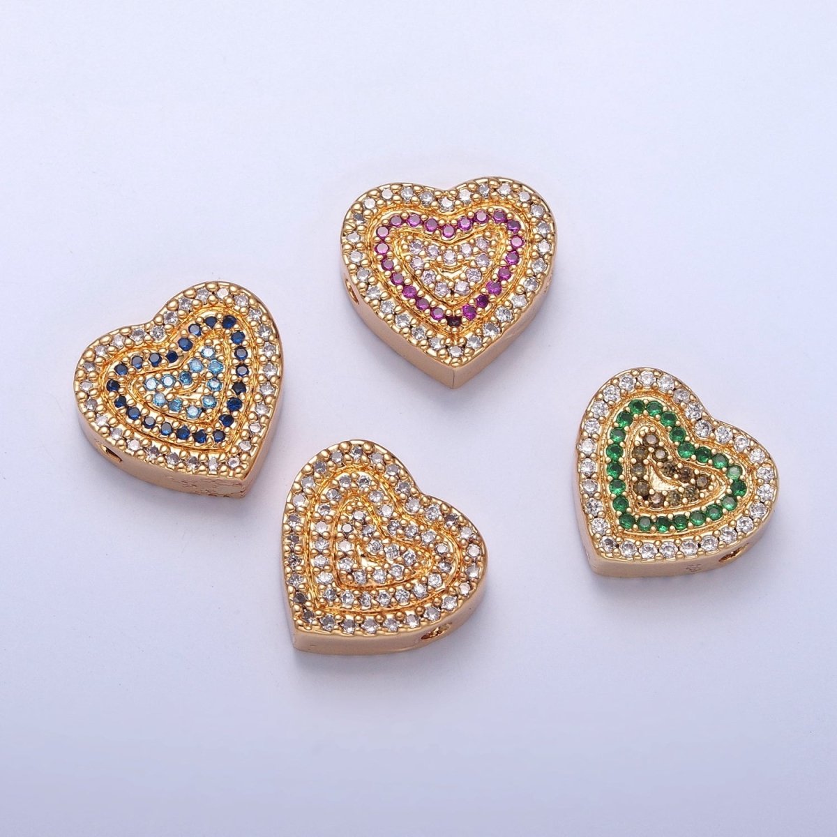 24K Gold Filled Micro Pave Cubic Zirconia Heart Spacer Bead, Multicolor Cubic Zirconia CZ Valentine Love Jewelry Making Component W-898 W-899 W-900 W-901 - DLUXCA