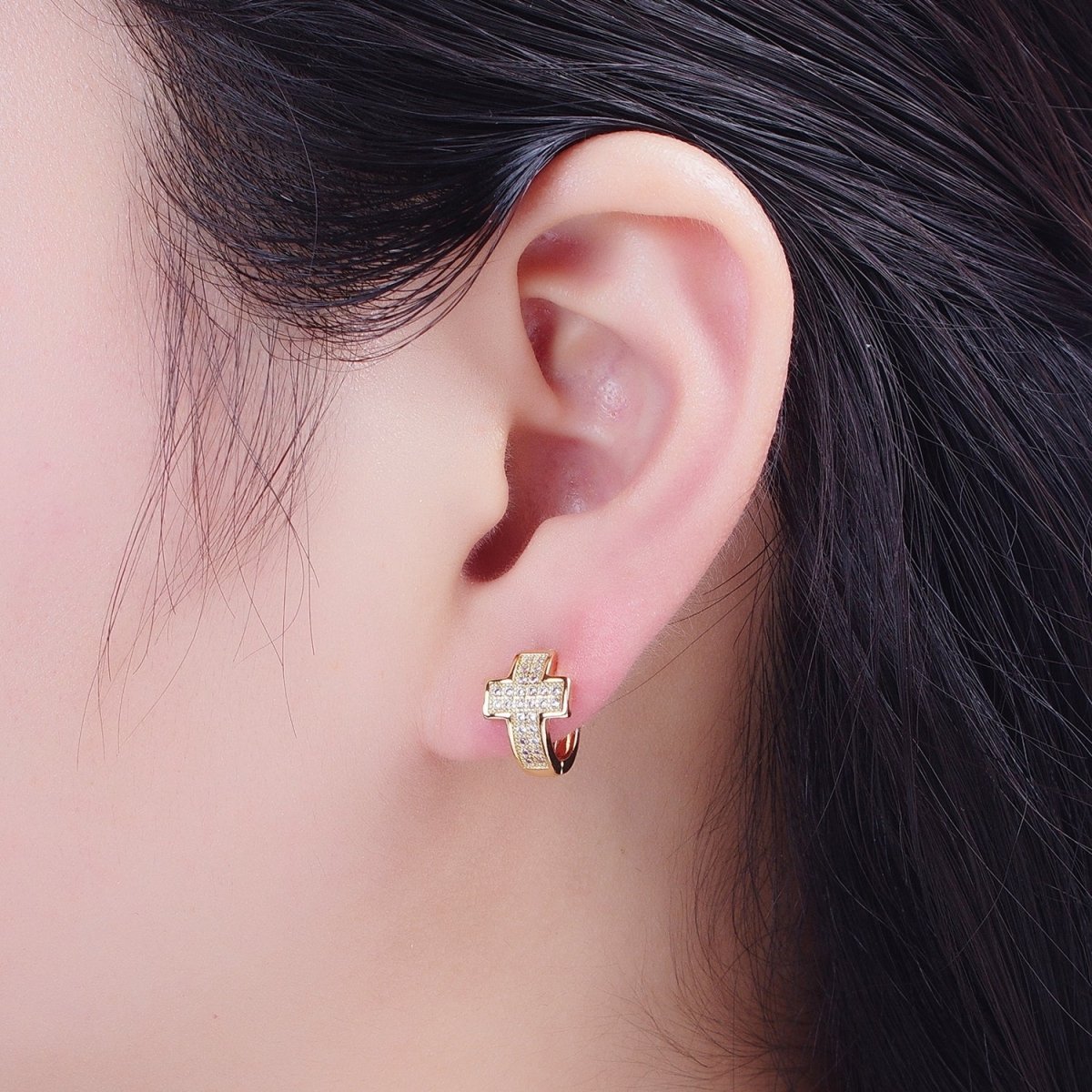 24K Gold Filled Micro Pave Cubic Zirconia Religious Cross Huggie Hoop Earrings T-037 - DLUXCA
