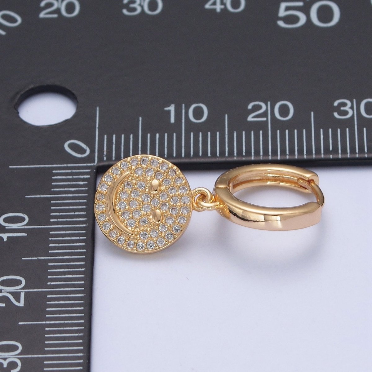 24K Gold Filled Micro Pave Cubic Zirconia Smiley Face Charm Dangle Drop Earrings T-131 - DLUXCA