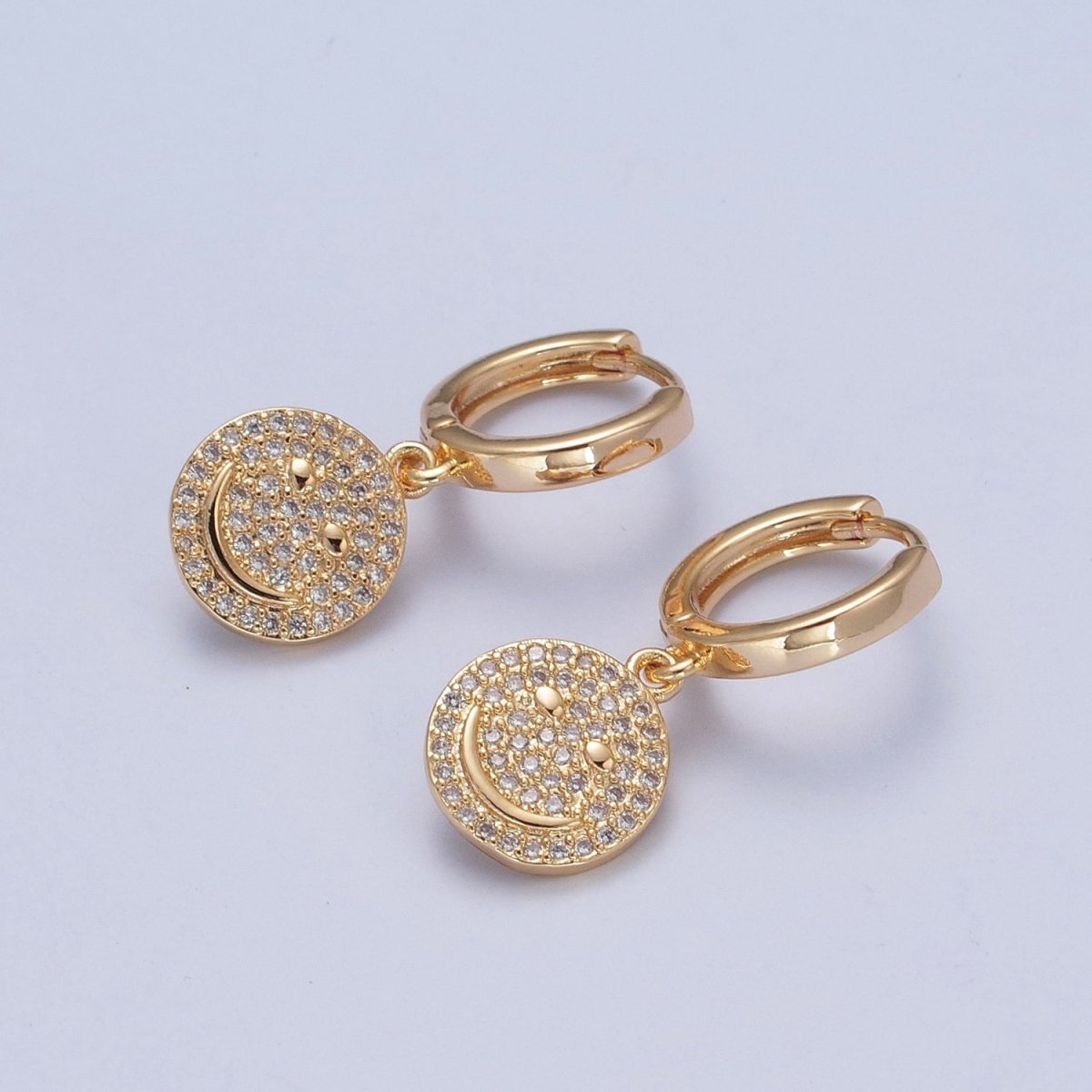 24K Gold Filled Micro Pave Cubic Zirconia Smiley Face Charm Dangle Drop Earrings T-131 - DLUXCA