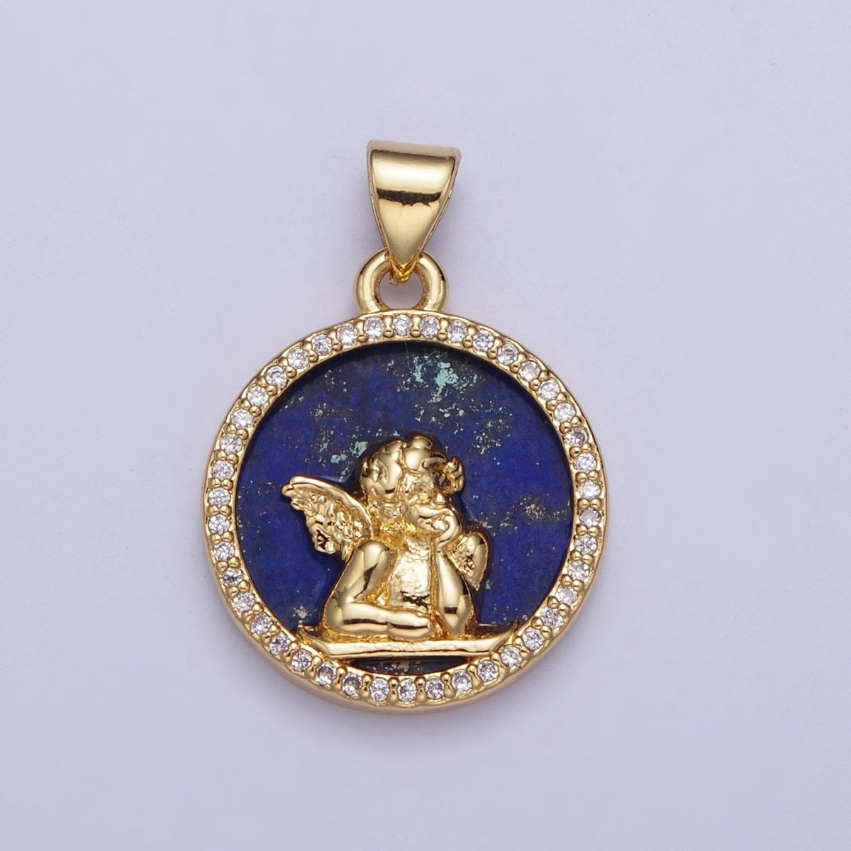 24K Gold Filled Micro Pave CZ Blue Lapiz Angel Child Round Medallion Pendant For Jewelry Necklace Making X-427 - DLUXCA