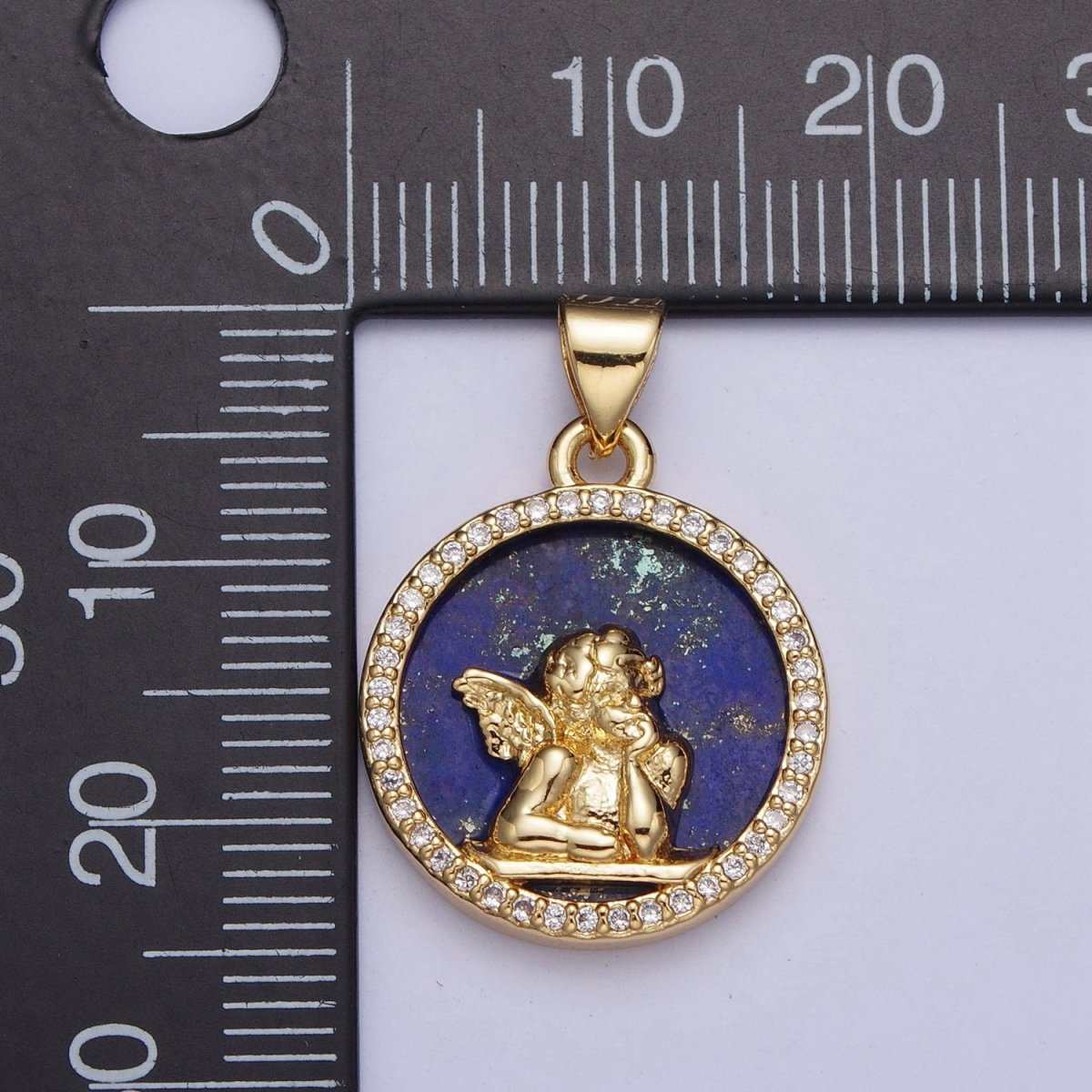 24K Gold Filled Micro Pave CZ Blue Lapiz Angel Child Round Medallion Pendant For Jewelry Necklace Making X-427 - DLUXCA