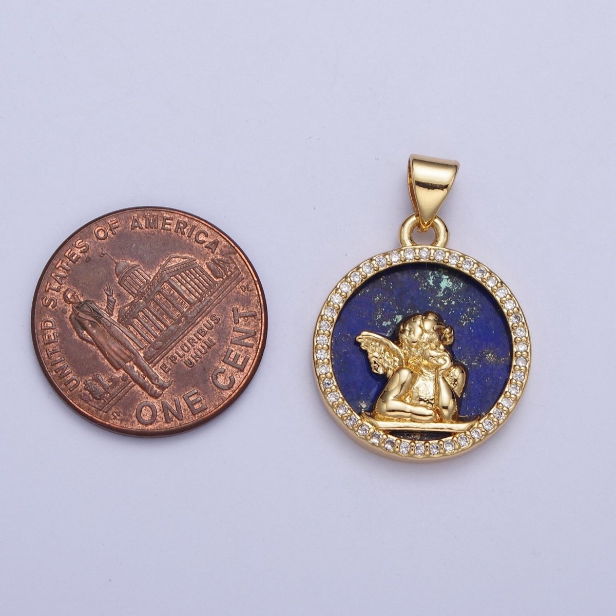 24K Gold Filled Micro Pave CZ Blue Lapiz Angel Child Round Medallion Pendant For Jewelry Necklace Making X-427 - DLUXCA