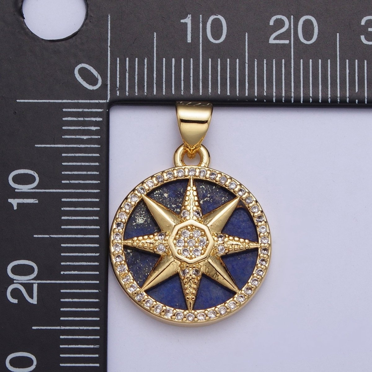 24K Gold Filled Micro Pave CZ Eight Pointed Celestial Star Round Medallion Pendant X-431 - DLUXCA