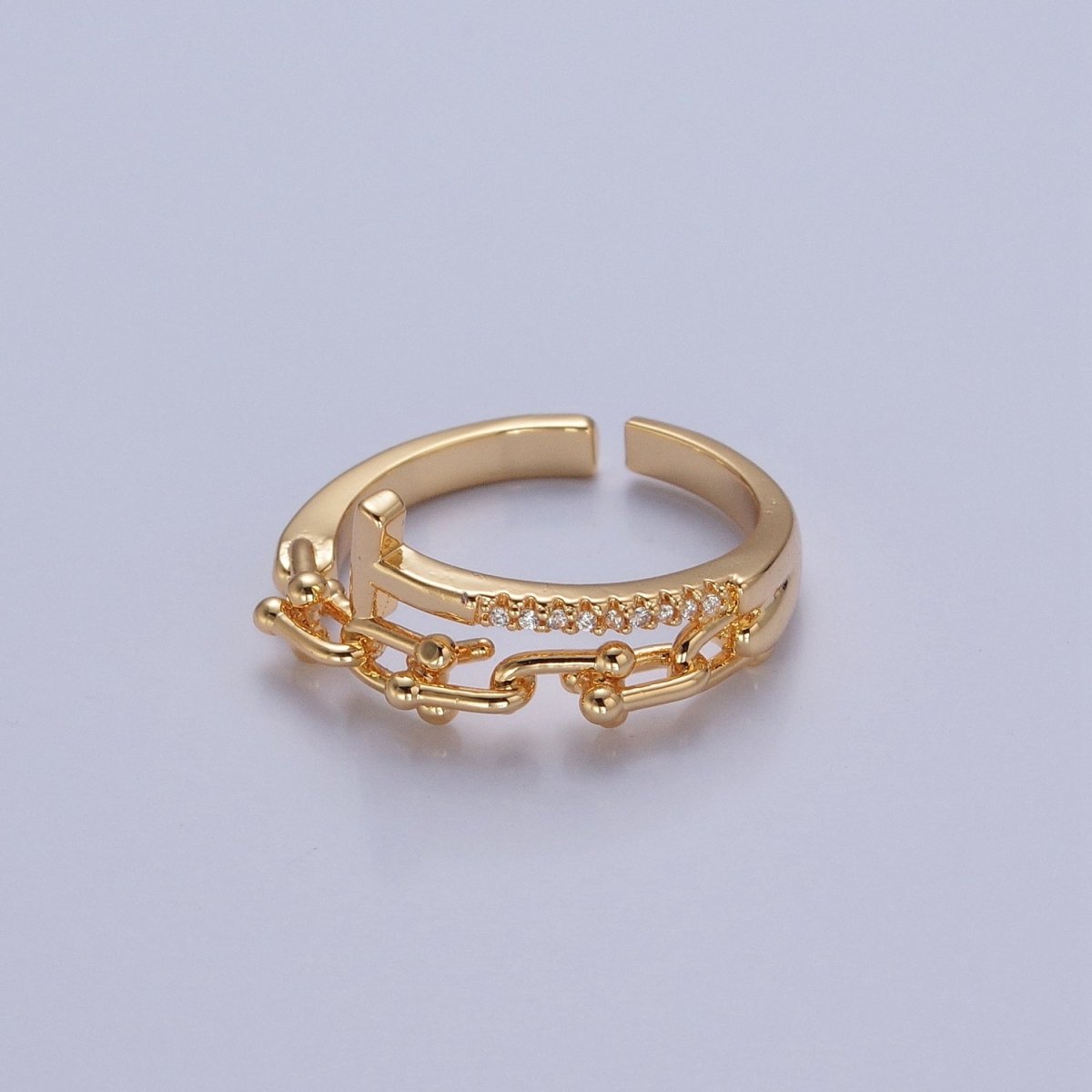 24K Gold Filled Micro Pave CZ Open T Ring with Ball Link Chain Ring O-2277 O-2278 - DLUXCA