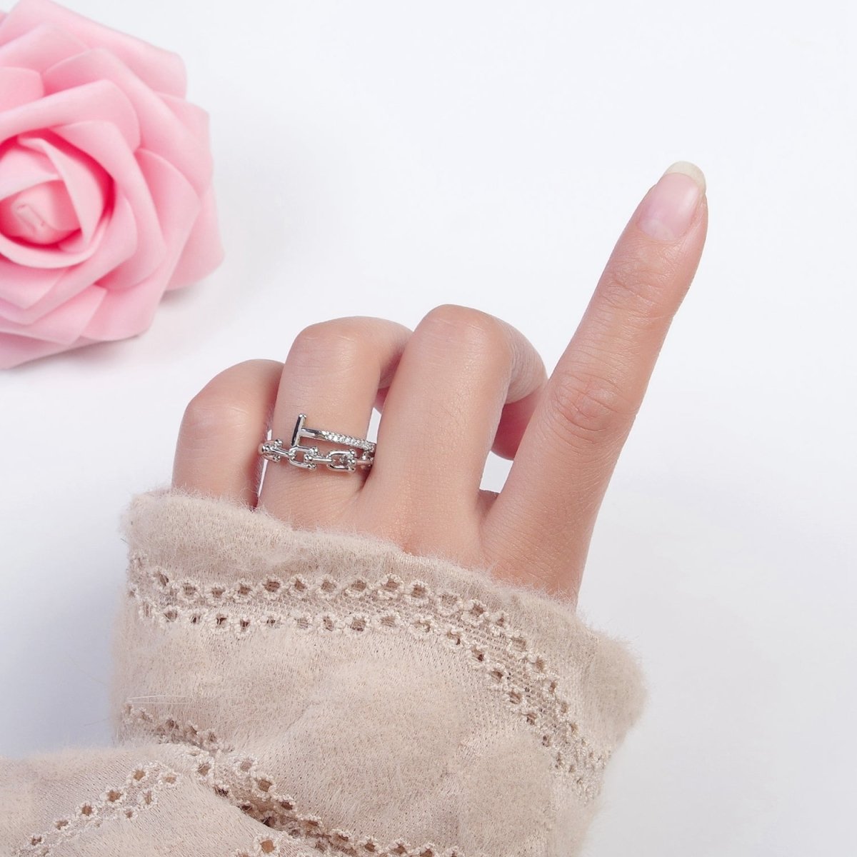 24K Gold Filled Micro Pave CZ Open T Ring with Ball Link Chain Ring O-2277 O-2278 - DLUXCA