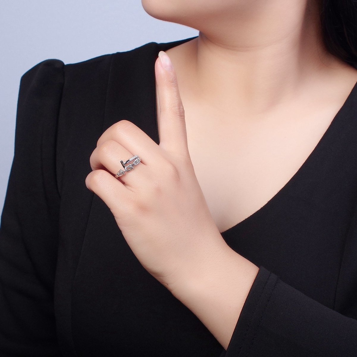 24K Gold Filled Micro Pave CZ Open T Ring with Ball Link Chain Ring O-2277 O-2278 - DLUXCA