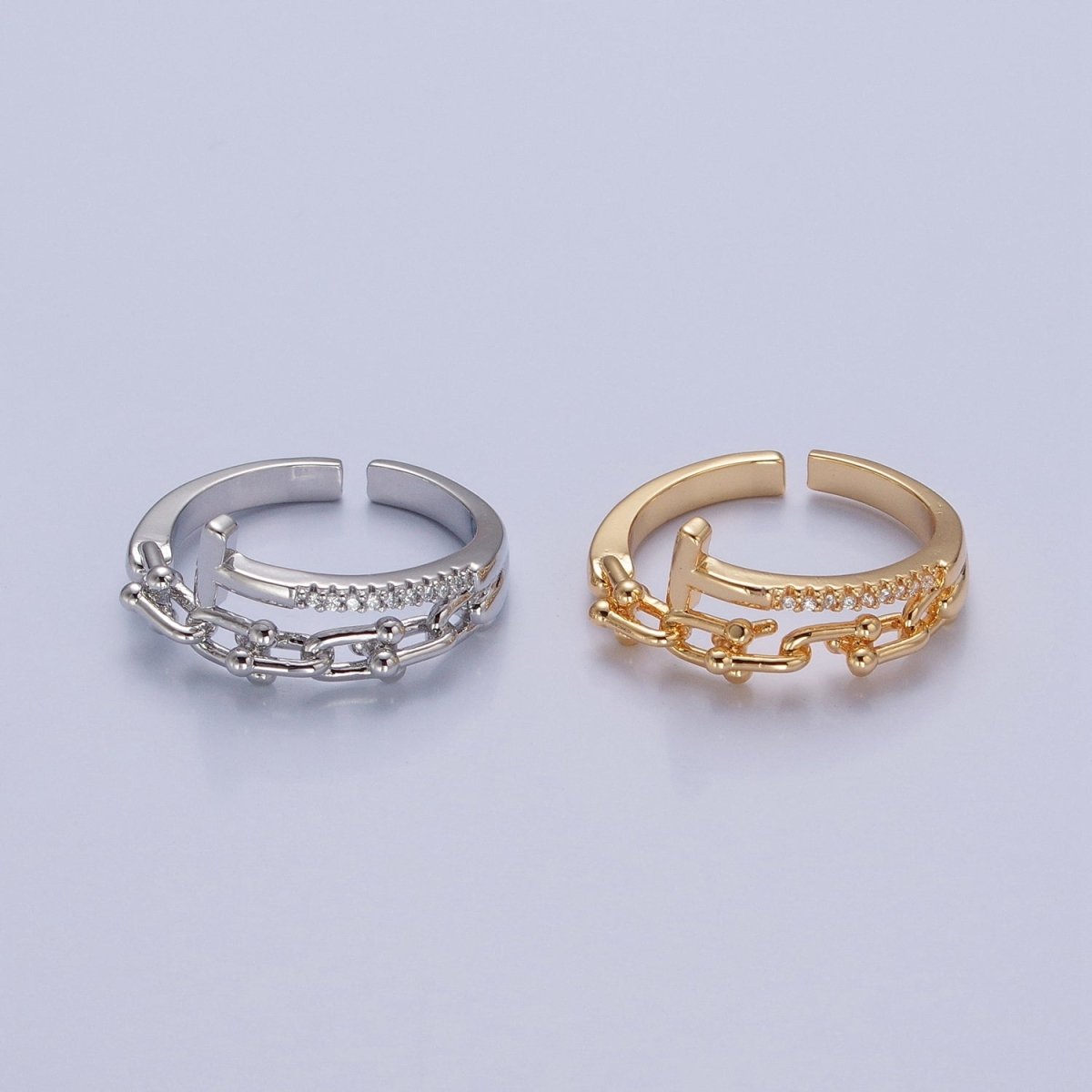 24K Gold Filled Micro Pave CZ Open T Ring with Ball Link Chain Ring O-2277 O-2278 - DLUXCA