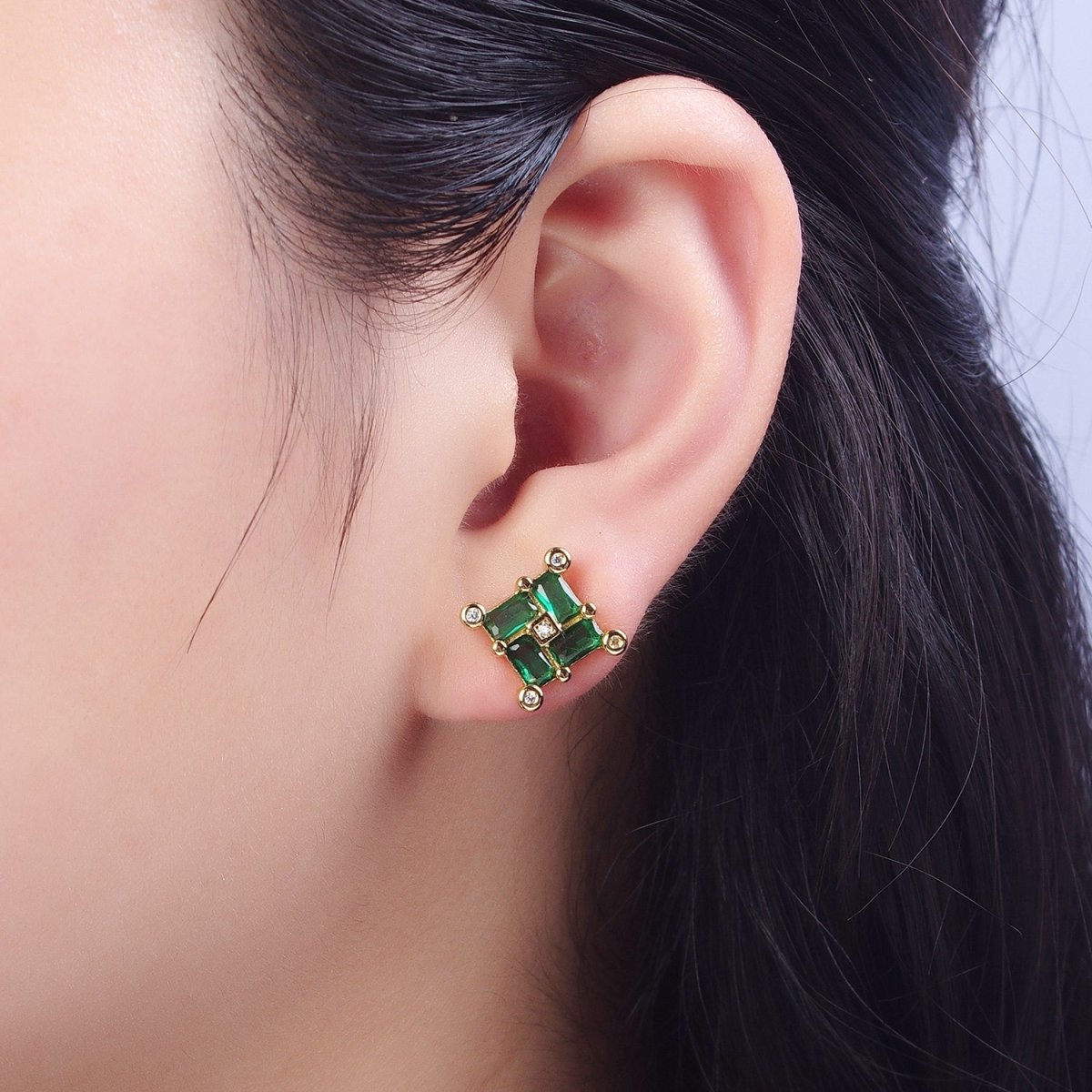 24K Gold Filled Micro Pave CZ Stud Earrings Baguette Colorful Cubic Zirconia Earrings Q-051 Q-053 Q-057 - DLUXCA