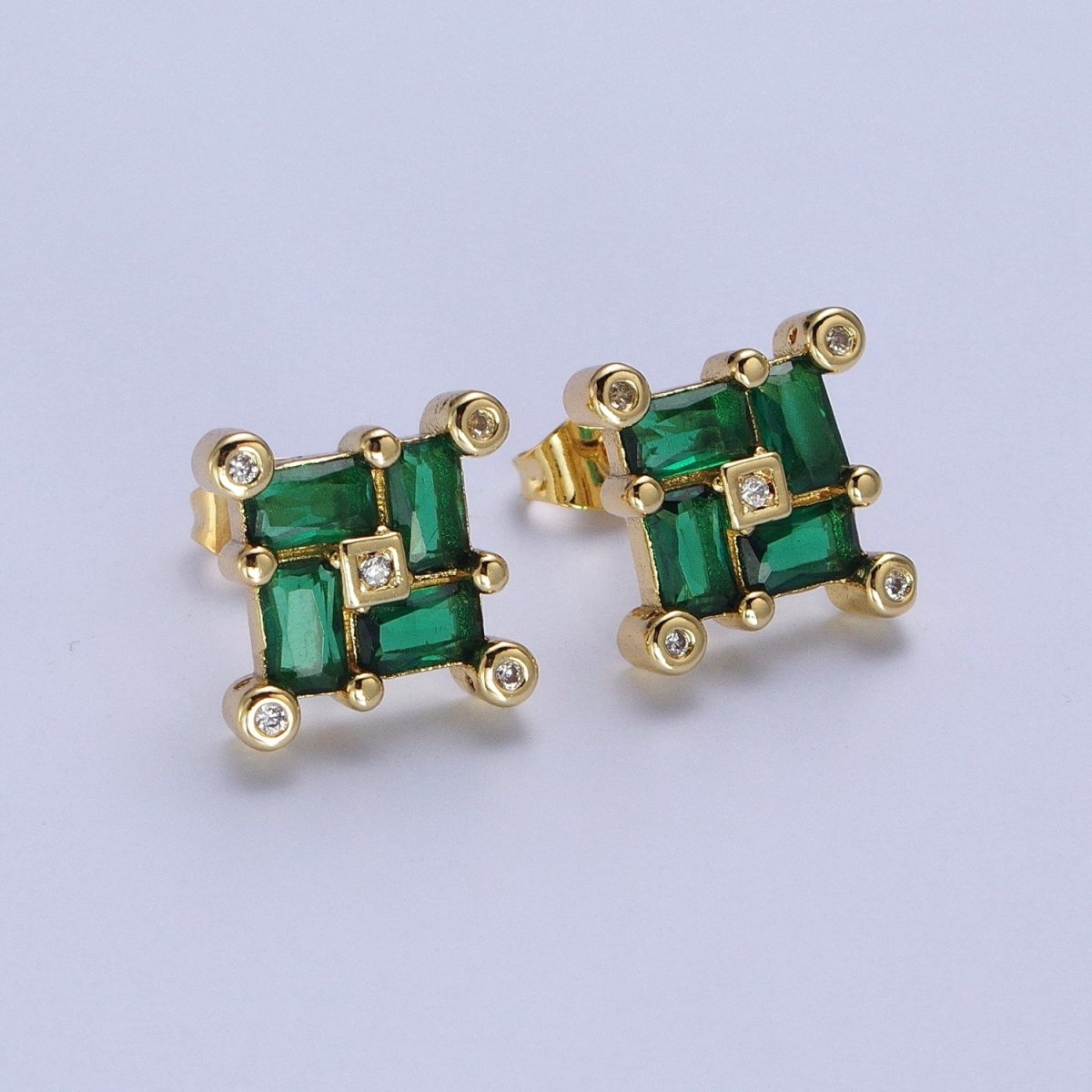 24K Gold Filled Micro Pave CZ Stud Earrings Baguette Colorful Cubic Zirconia Earrings Q-051 Q-053 Q-057 - DLUXCA