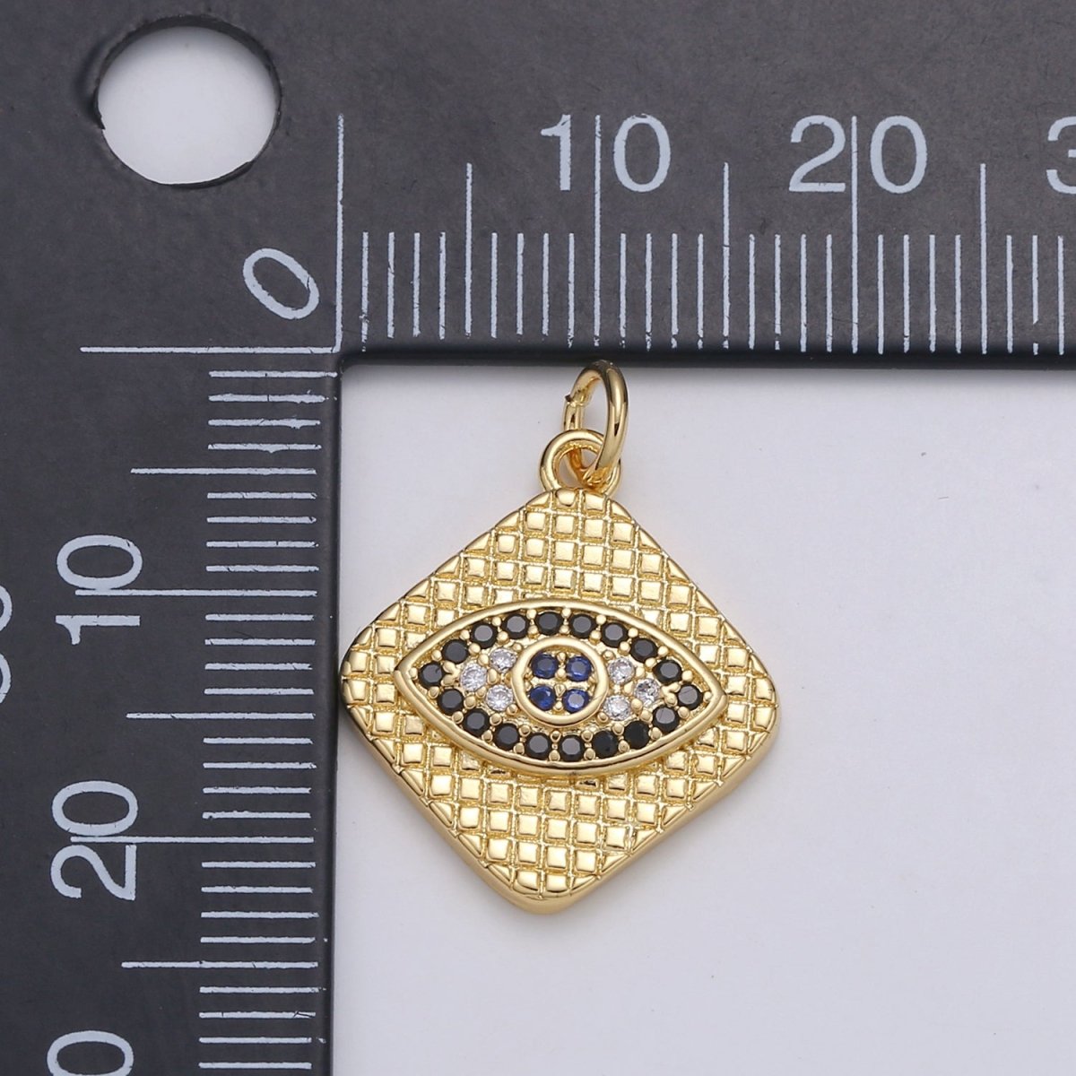 24K Gold Filled Micro Pave Evil Eye Charm, Black, Blue Cubic Zirconia Pendant Charm Rhombus Plate CZ Geometric Charm C-355 E-145 - DLUXCA