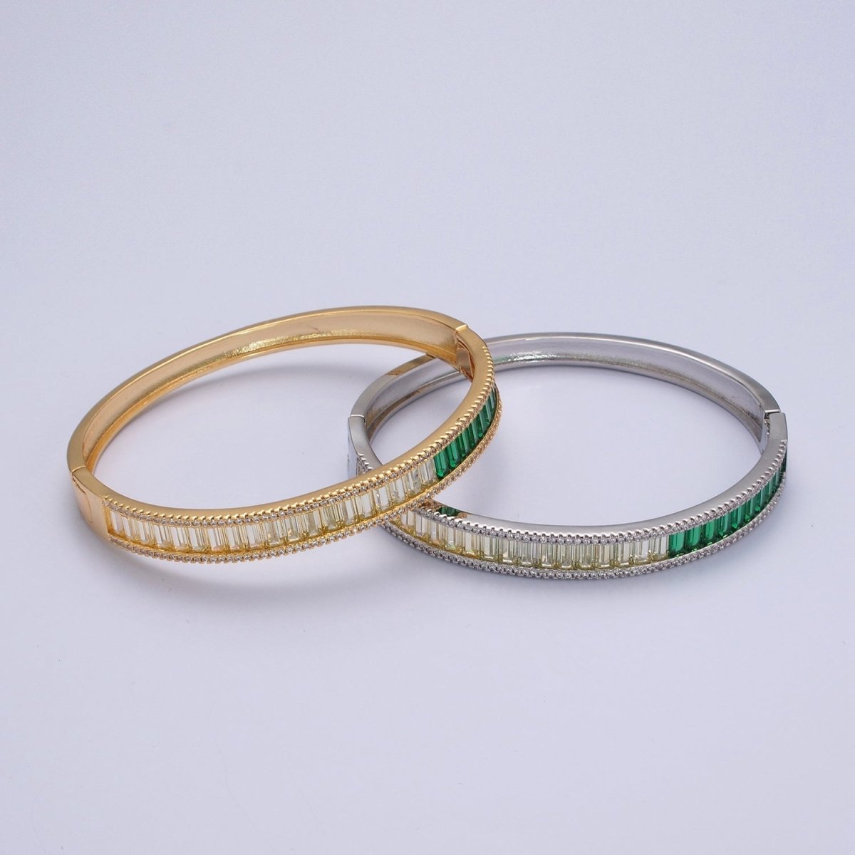 24K Gold Filled Micro Pave Gradient Green Baguette Bangle Bracelet | WA-1012 WA-1013 Clearance Pricing - DLUXCA